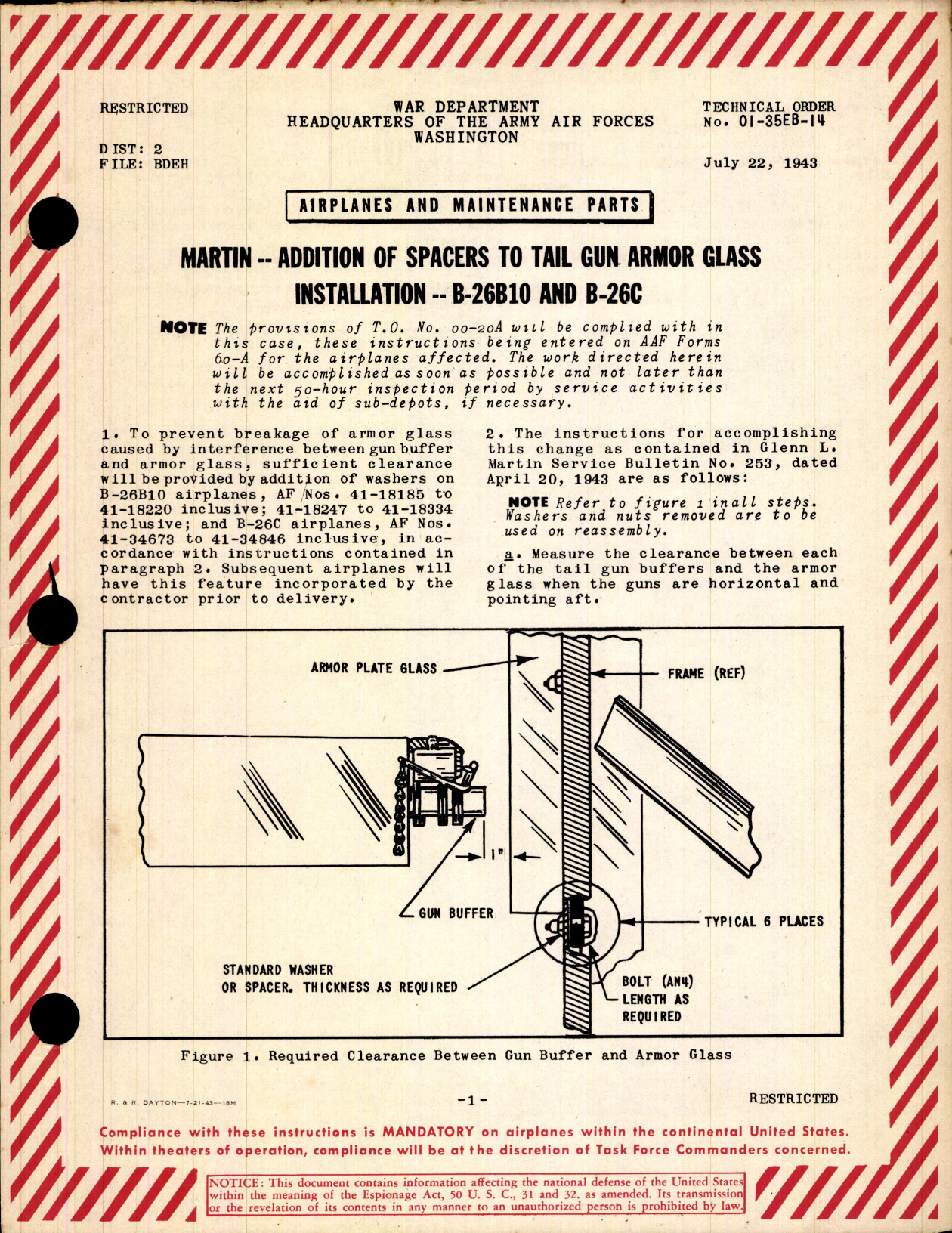 Sample page 1 from AirCorps Library document: Addition of Spacers to the Tail Gun Armor Glass Installation for B-26B10 and B-26C