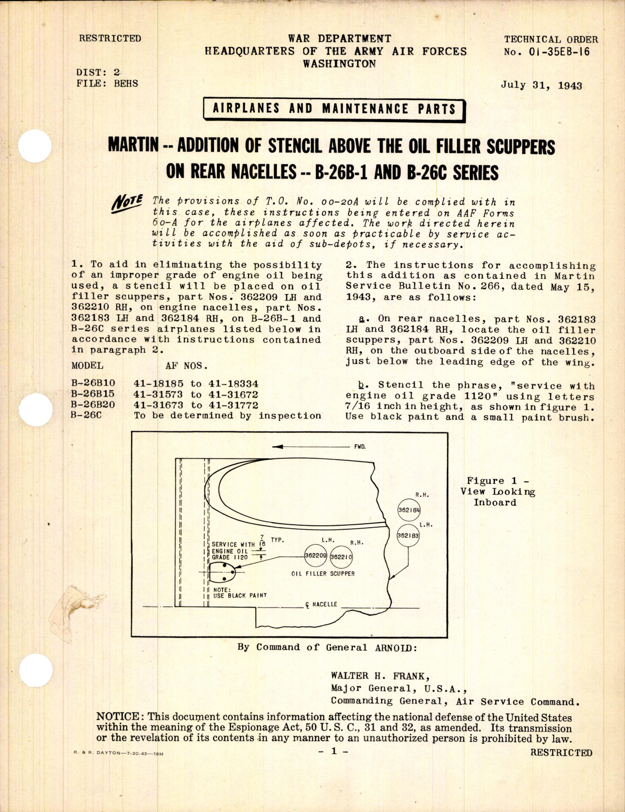 Sample page 1 from AirCorps Library document: Addition of Stencil Above the Oil Filler Scuppers on Rear Nacelles for B-26B-1 and B-26C Series