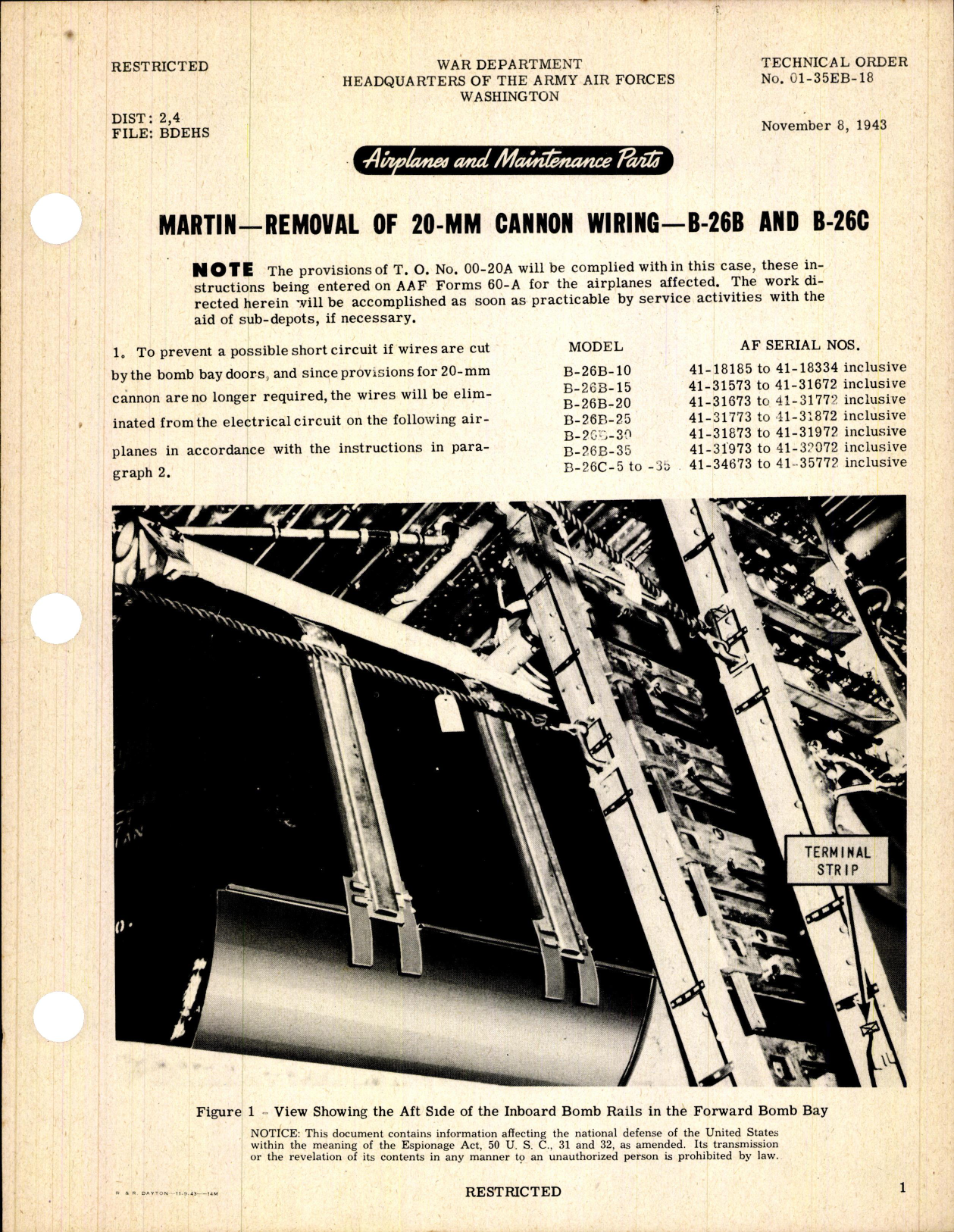 Sample page 1 from AirCorps Library document: Removal of 20-MM Cannon Wiring for B-26B and B-26C