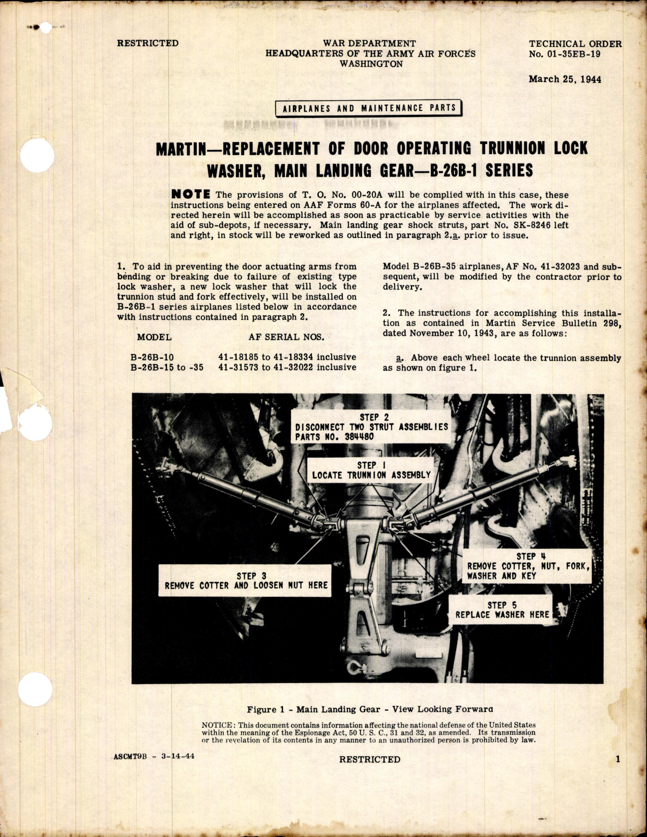 Sample page 1 from AirCorps Library document: Replacement of Door Operating Trunnion Lock Washer, Main Landing Gear for B-26B-1 Series