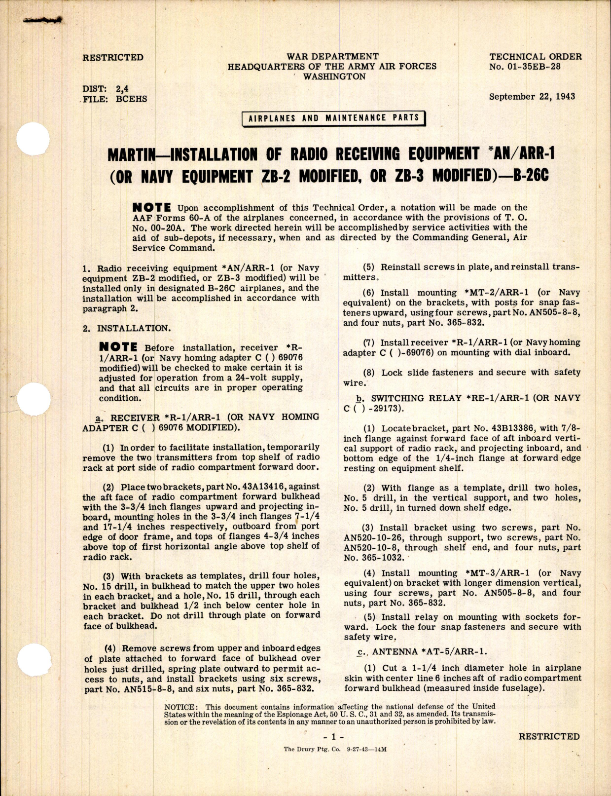Sample page 1 from AirCorps Library document: Installation of Radio Receiving Equipment AN/ARR-1 for B-26C