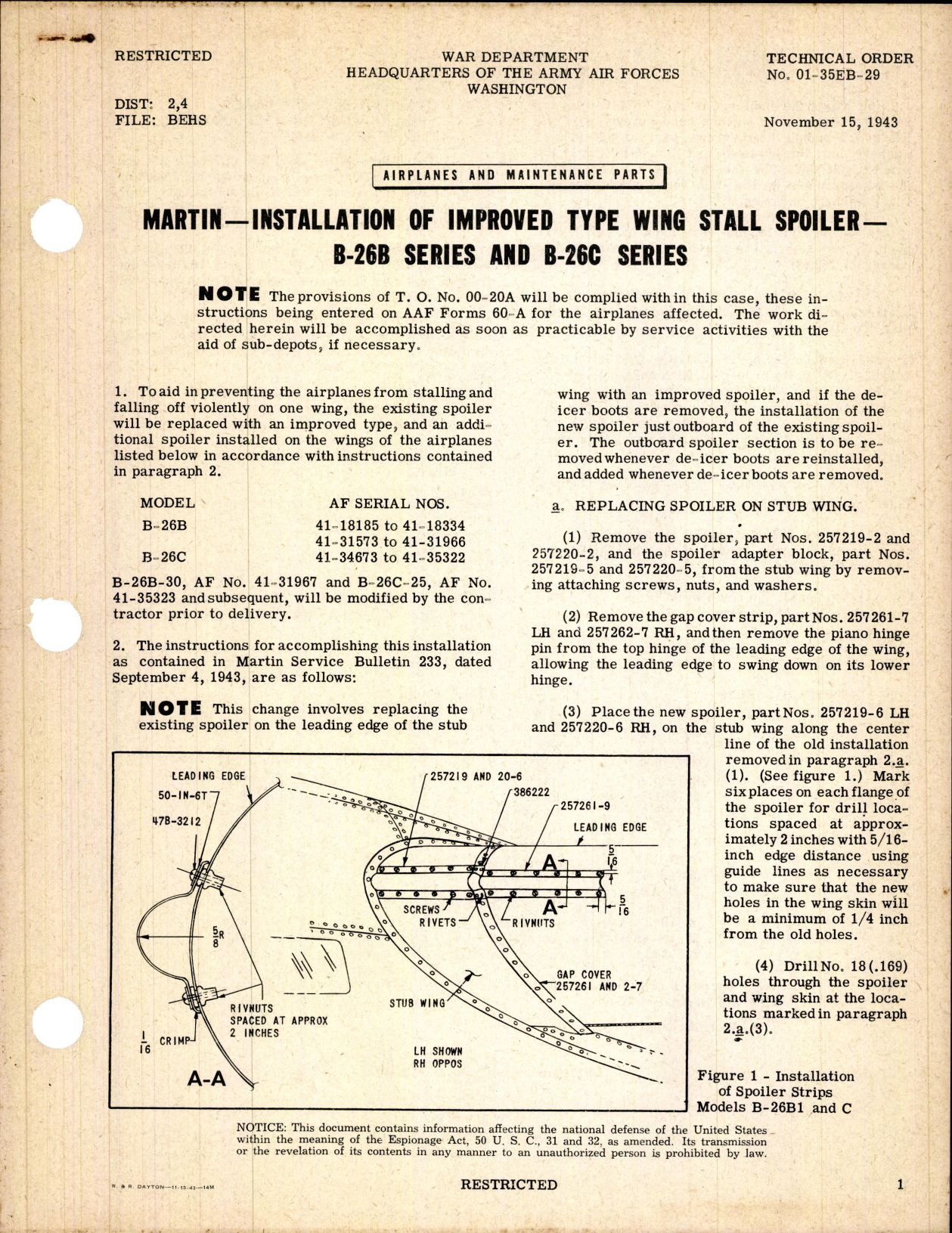 Sample page 1 from AirCorps Library document: Installation of Improved Type Wing Stall Spoiler for B-26B and B-26C Series