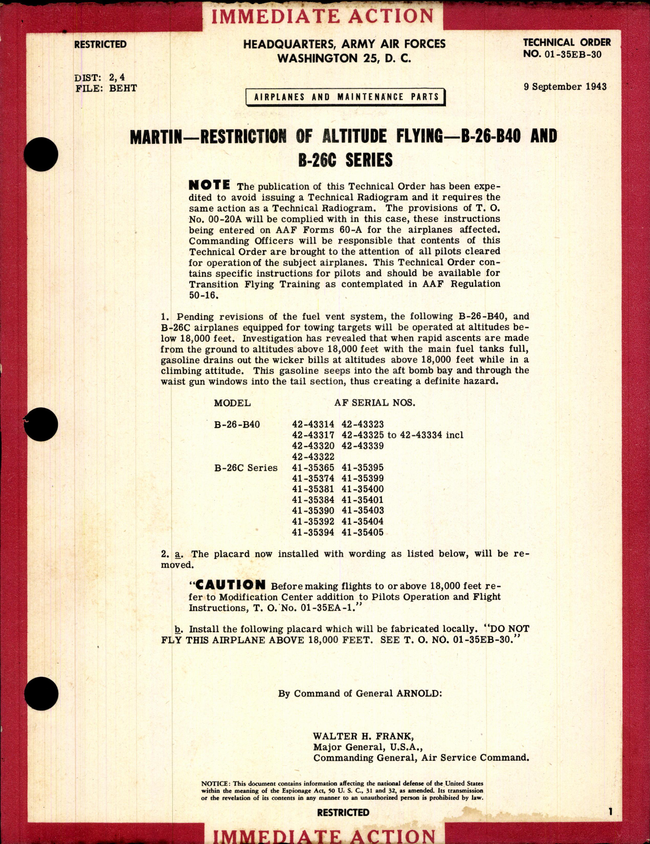Sample page 1 from AirCorps Library document: Restriction of Altitude Flying for B-26-B40 and B-26C Series