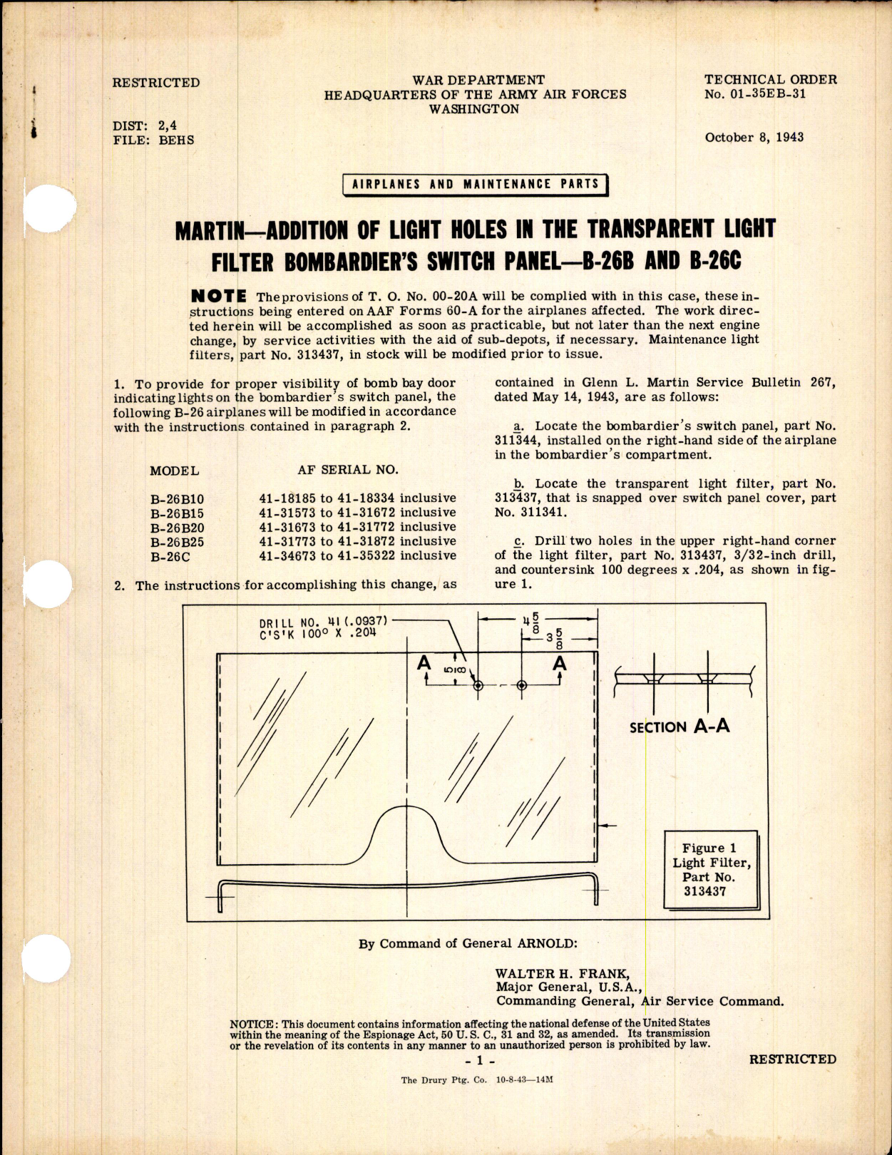 Sample page 1 from AirCorps Library document: Addition of Light Holes in the Transparent Light Filter Bombardier's Switch Panel for B-26B and B-26C