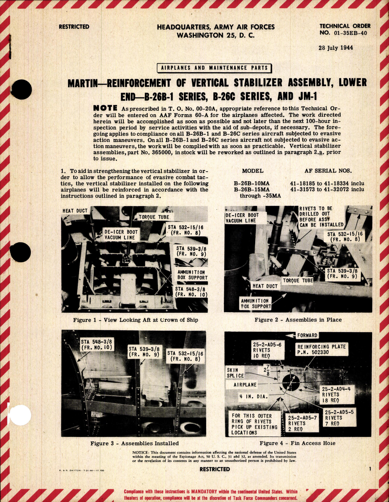 Sample page 1 from AirCorps Library document: Reinforcement of Vertical Stabilizer Assembly, Lower End for B-26B-1, B-26C, and JM-1 Series