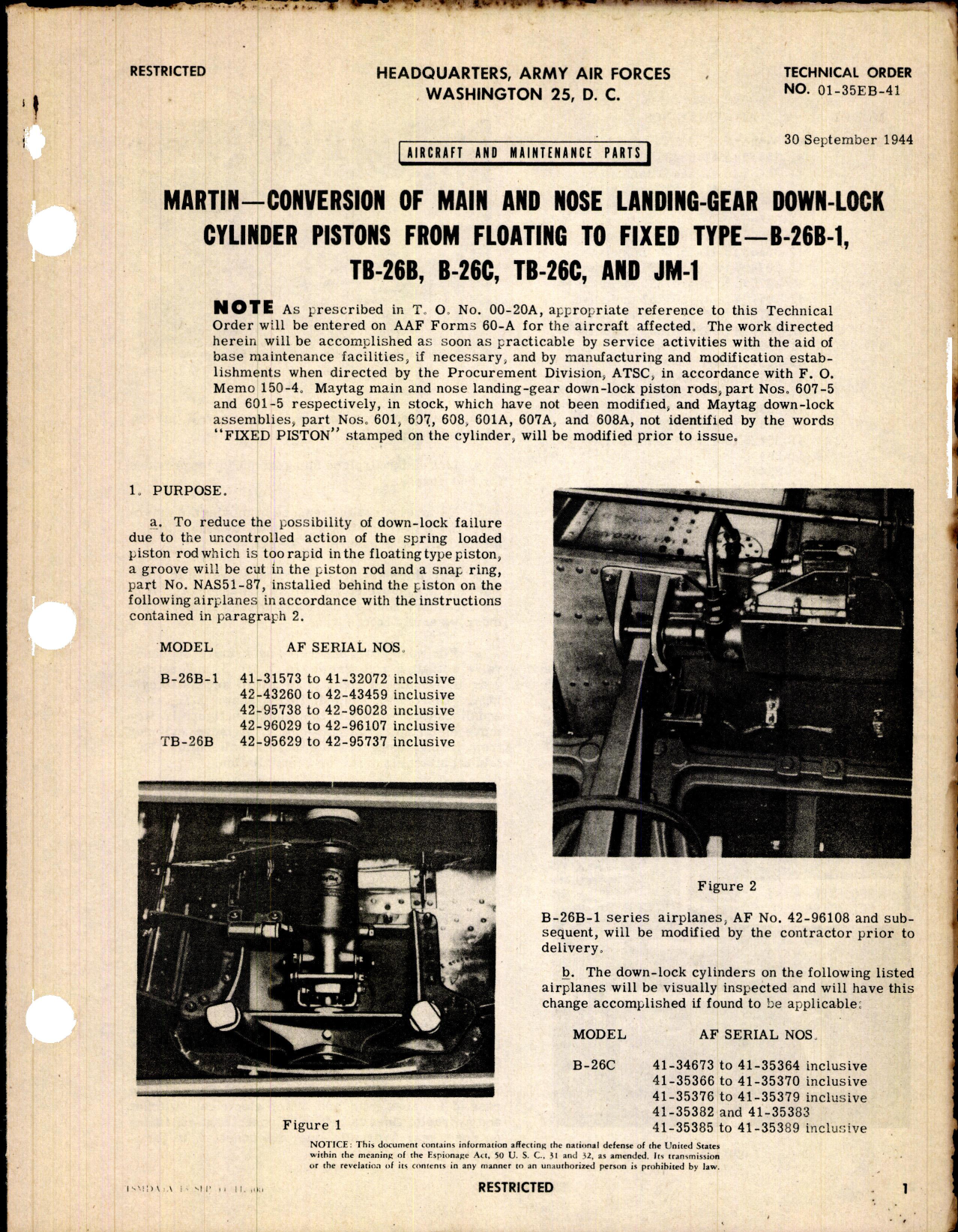 Sample page 1 from AirCorps Library document: Conversion of Main and Nose Landing-Gear Down-Lock Cylinder Pistons from Floating to Fixed Type