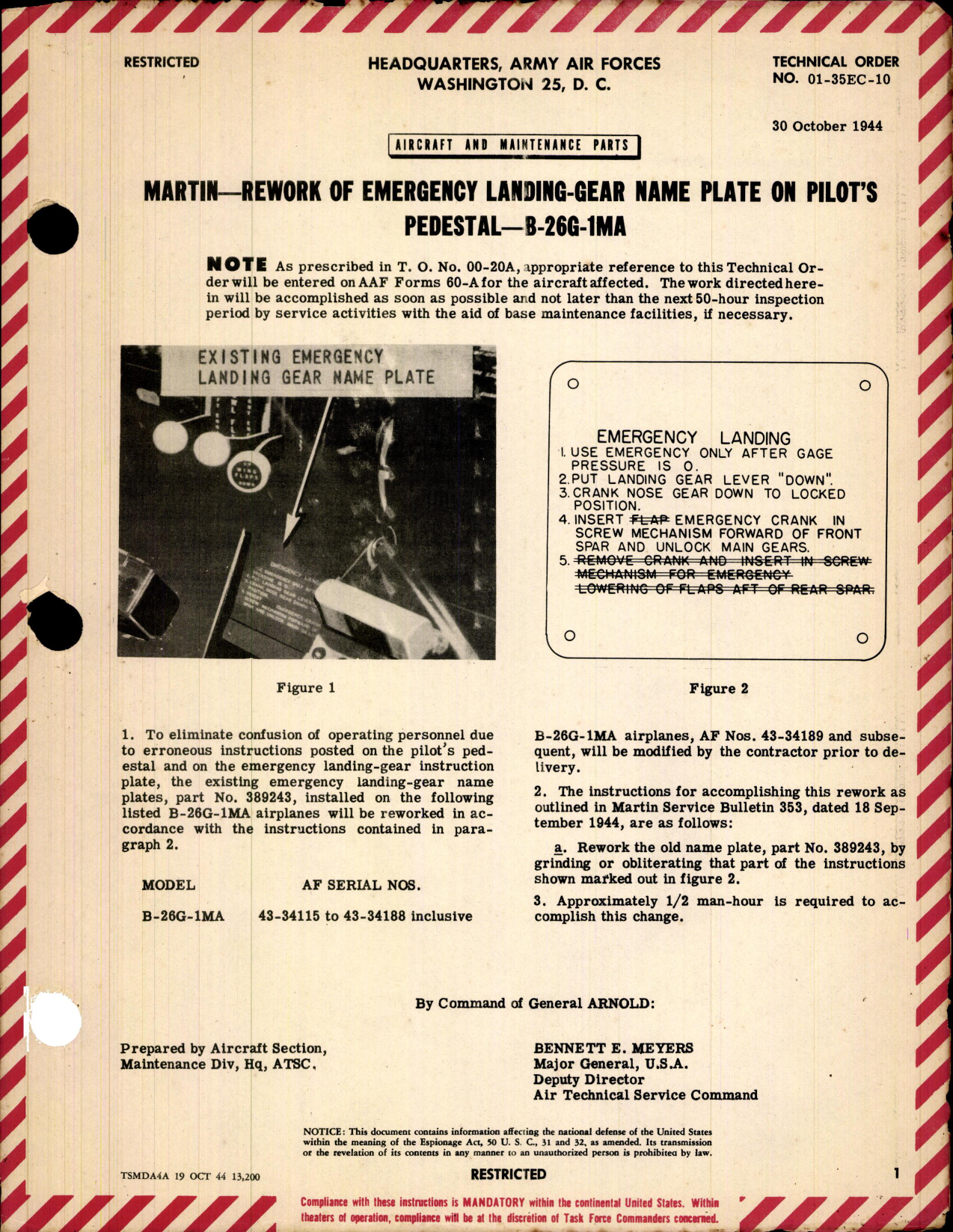 Sample page 1 from AirCorps Library document: Rework of Emergency Landing-Gear Name Plate on Pilot's Pedestal for B-26G-1MA