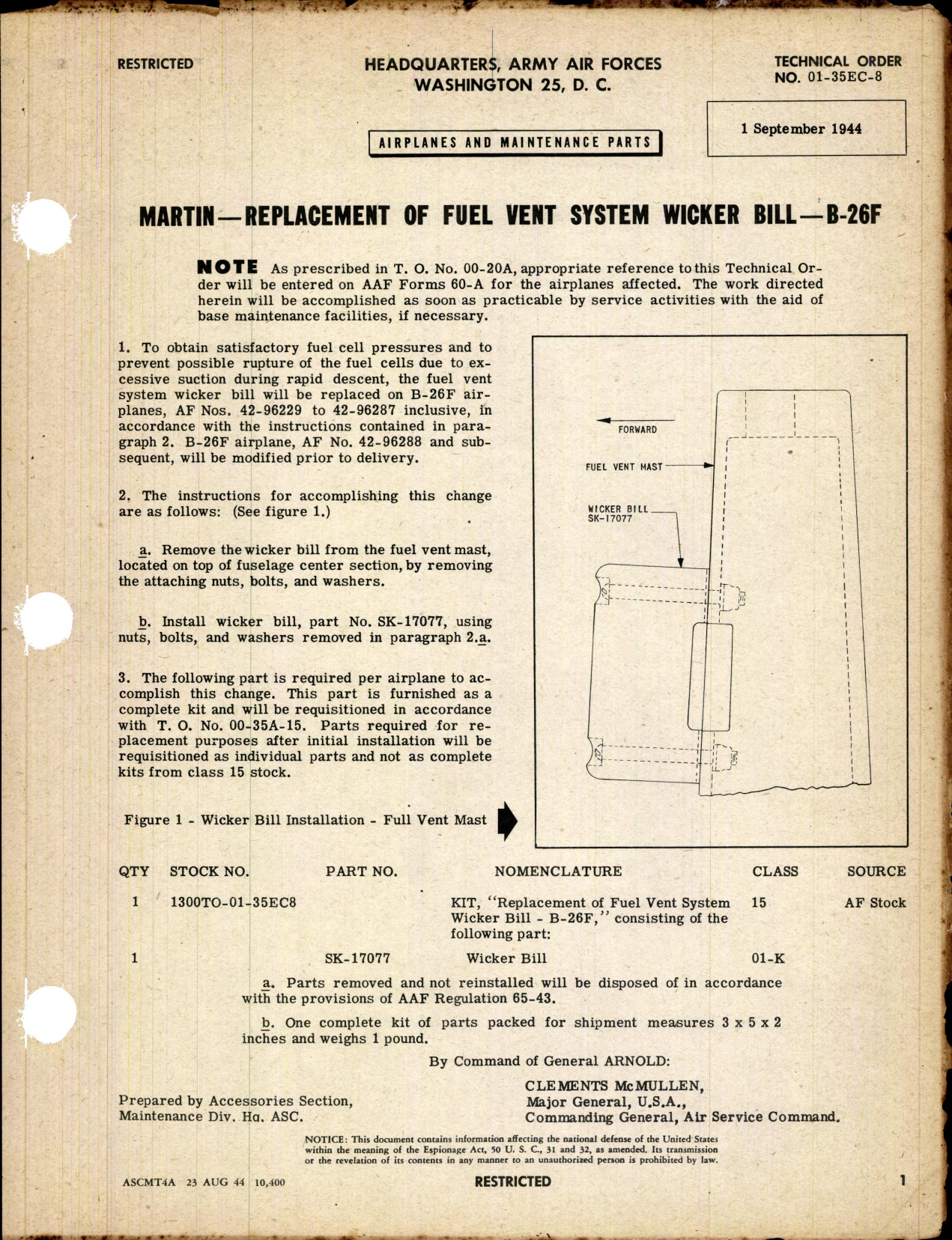 Sample page 1 from AirCorps Library document: Replacement of Fuel Vent System Wicker Bill for B-26F