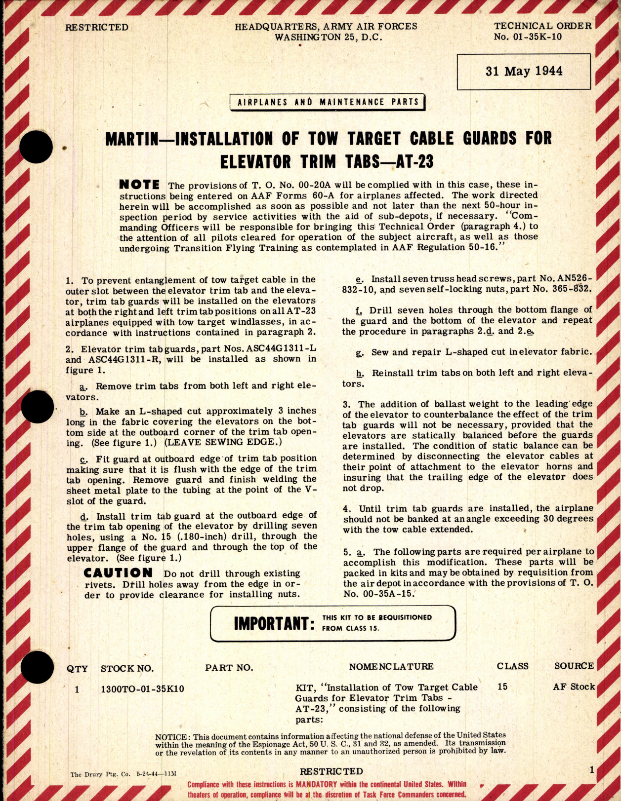 Sample page 1 from AirCorps Library document: Installation of Tow Target Cable Guards for Elevator Trim Tabs for AT-23