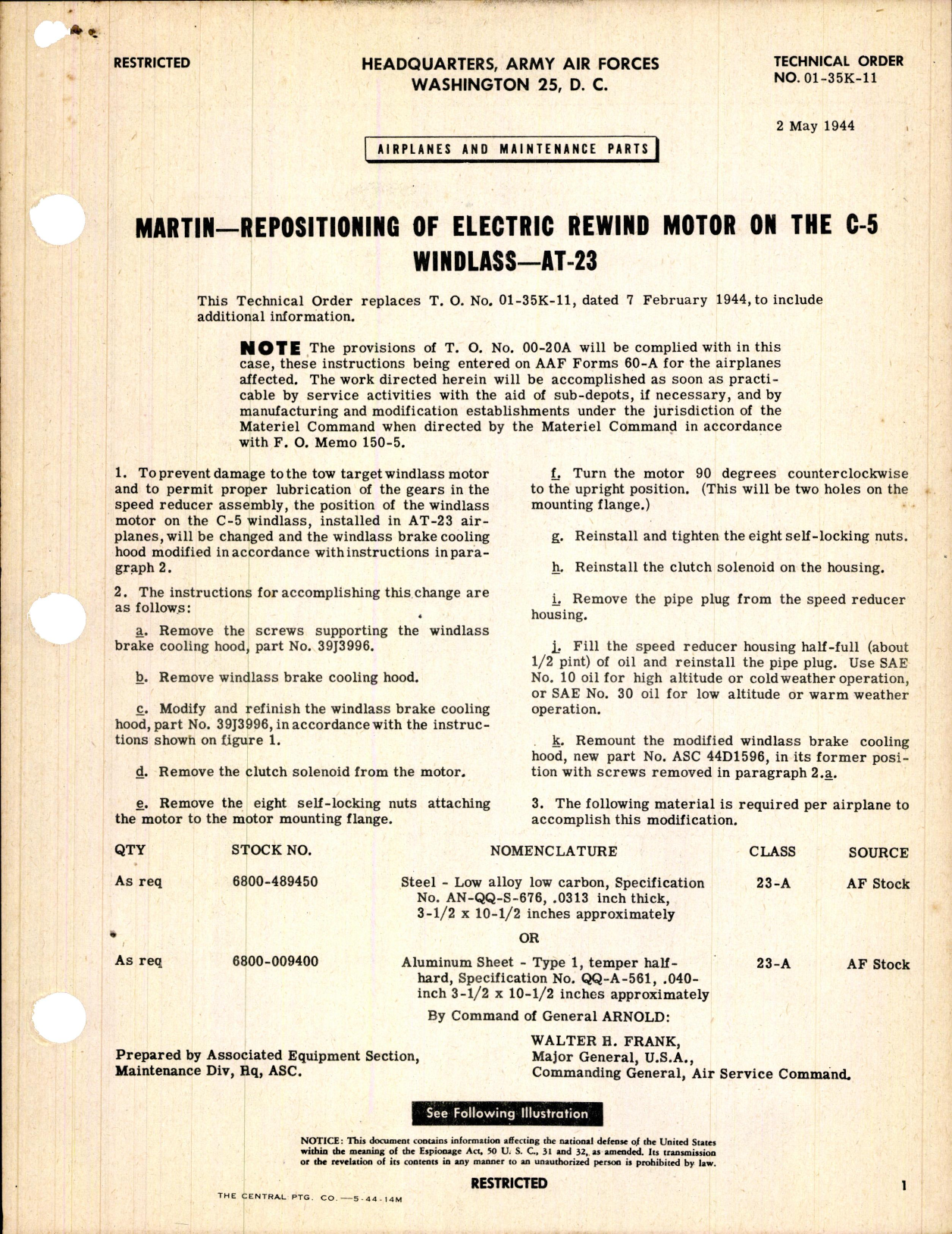 Sample page 1 from AirCorps Library document: Repositioning of Electric Rewind Motor on the C-5 Windlass for AT-23