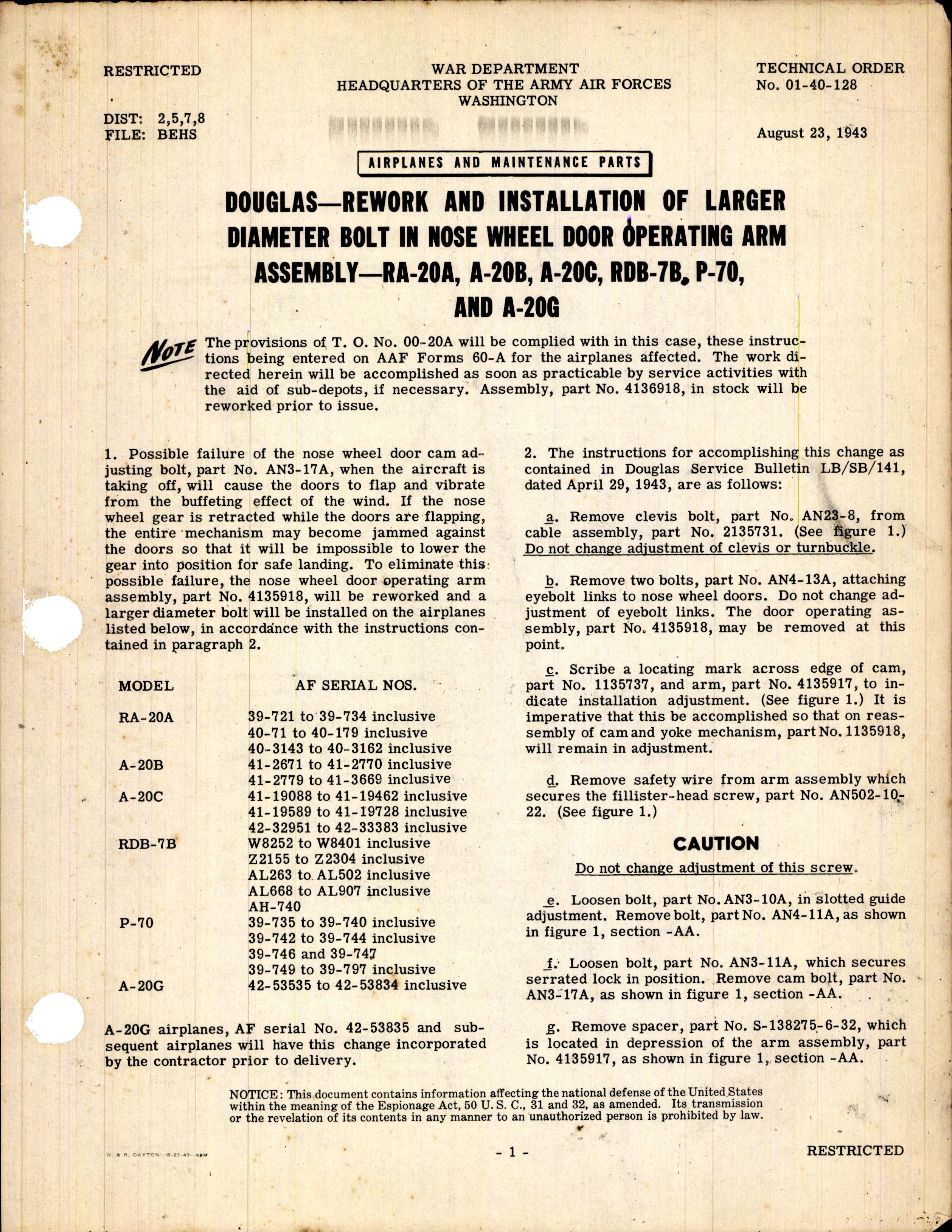 Sample page 1 from AirCorps Library document: Rework and Install of Larger Diameter Bolt in Nose Wheel Door Operating Arm Assembly