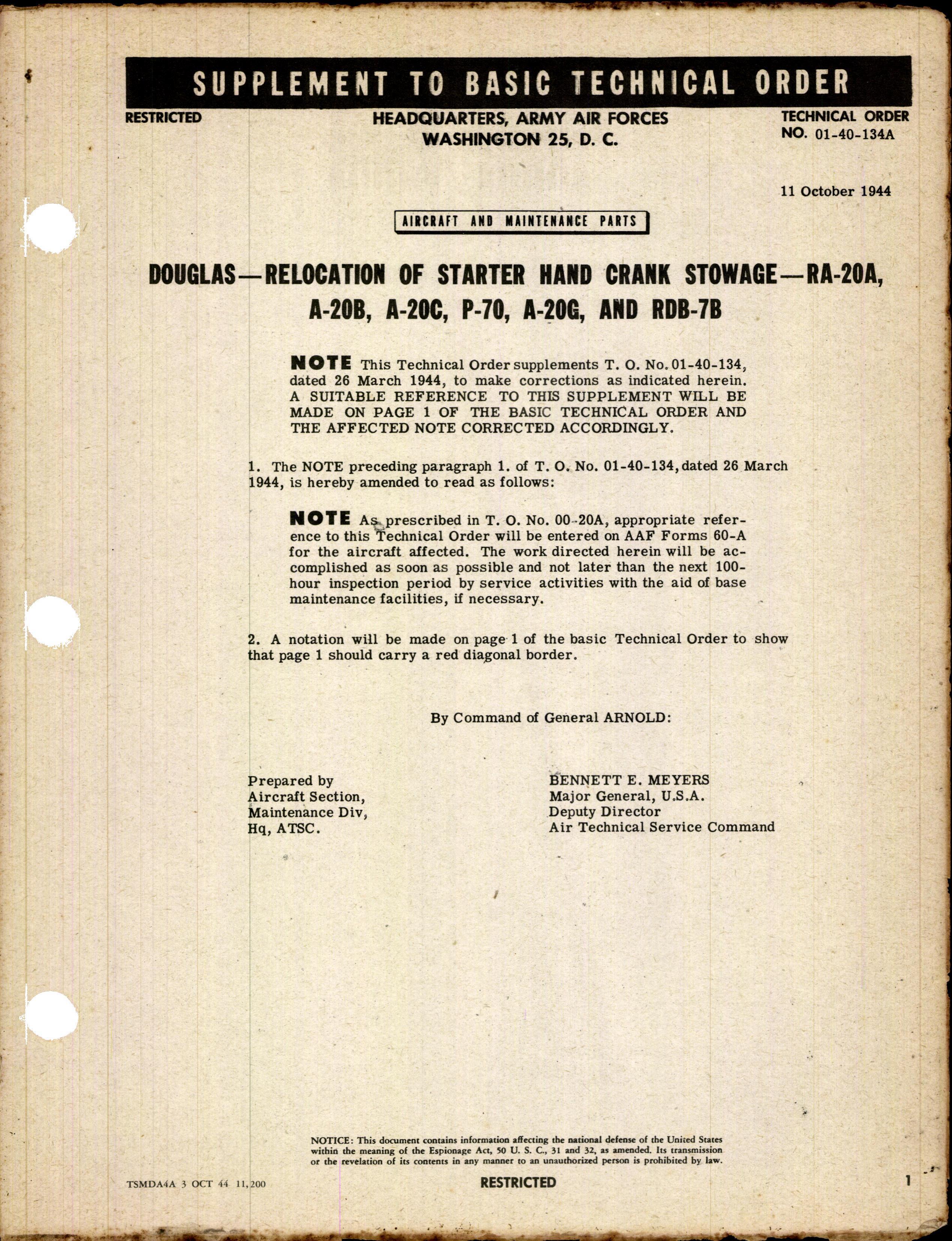 Sample page 1 from AirCorps Library document: Relocation of Starter Hand Crank Stowage