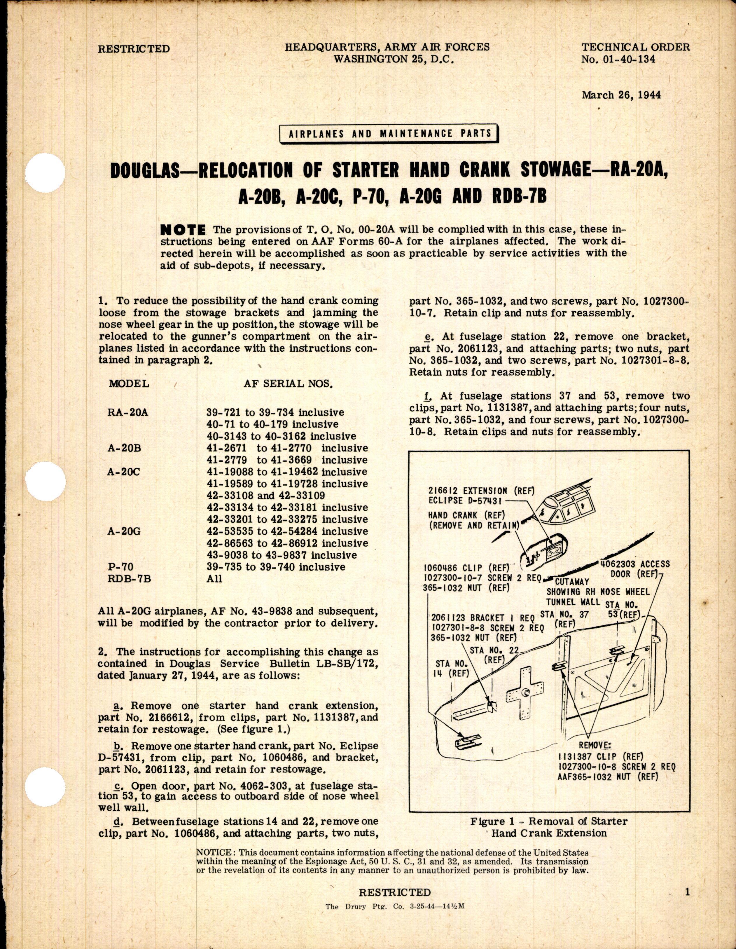 Sample page 1 from AirCorps Library document: Relocation of Starter Hand Crank Stowage