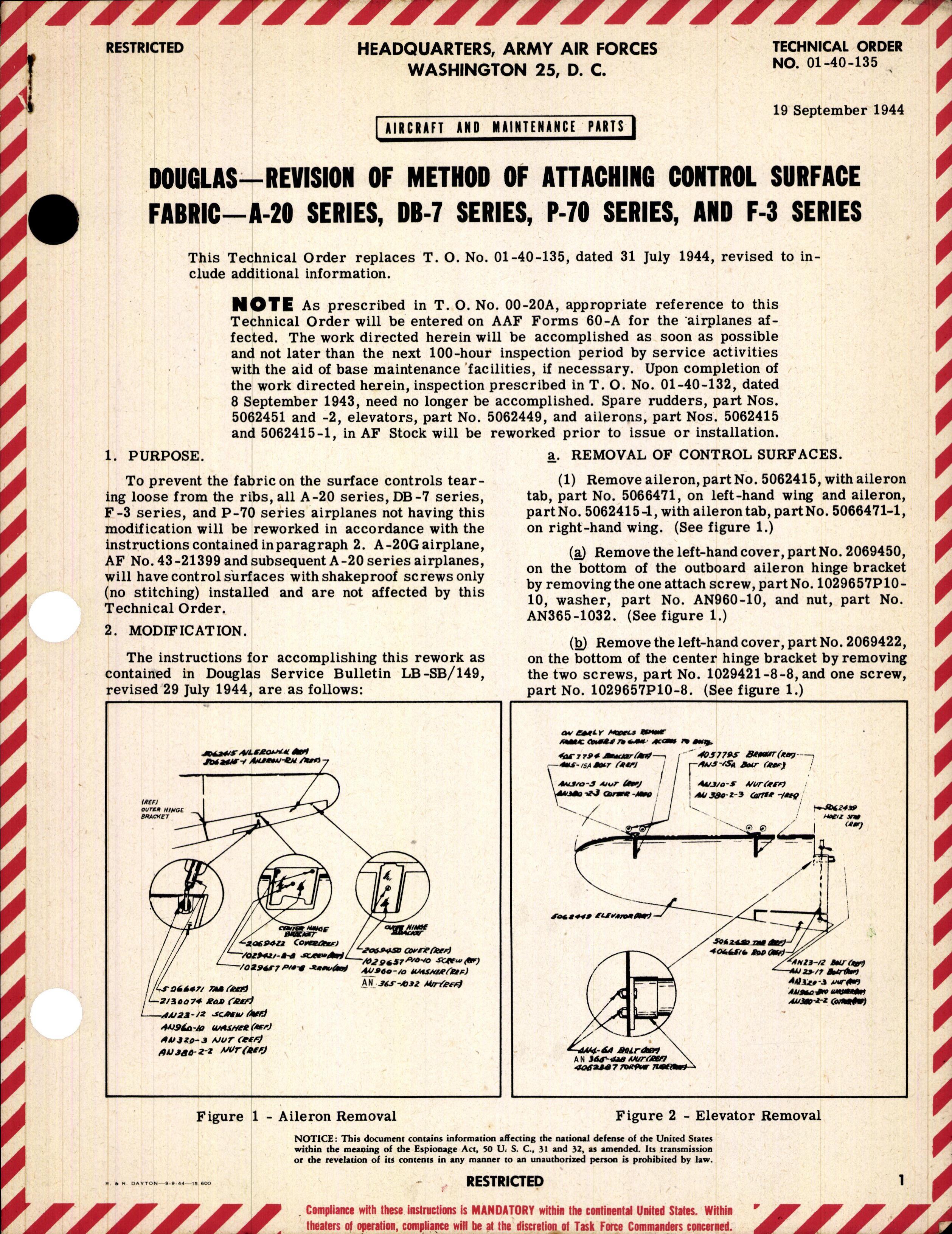 Sample page 1 from AirCorps Library document: Revision of Method of Attaching Control Surface Fabric