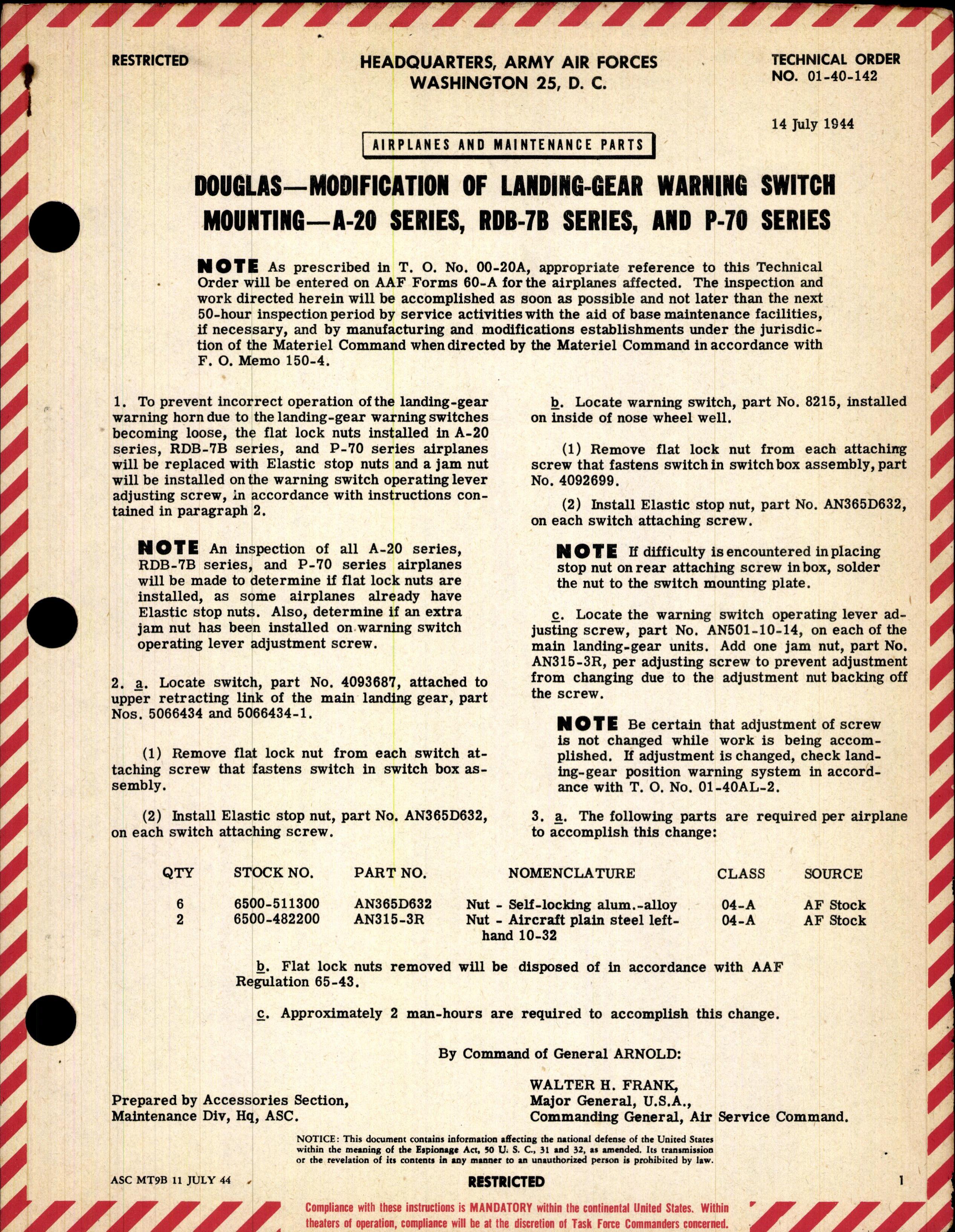 Sample page 1 from AirCorps Library document: Modification of Landing-Gear Warning Switch Mounting