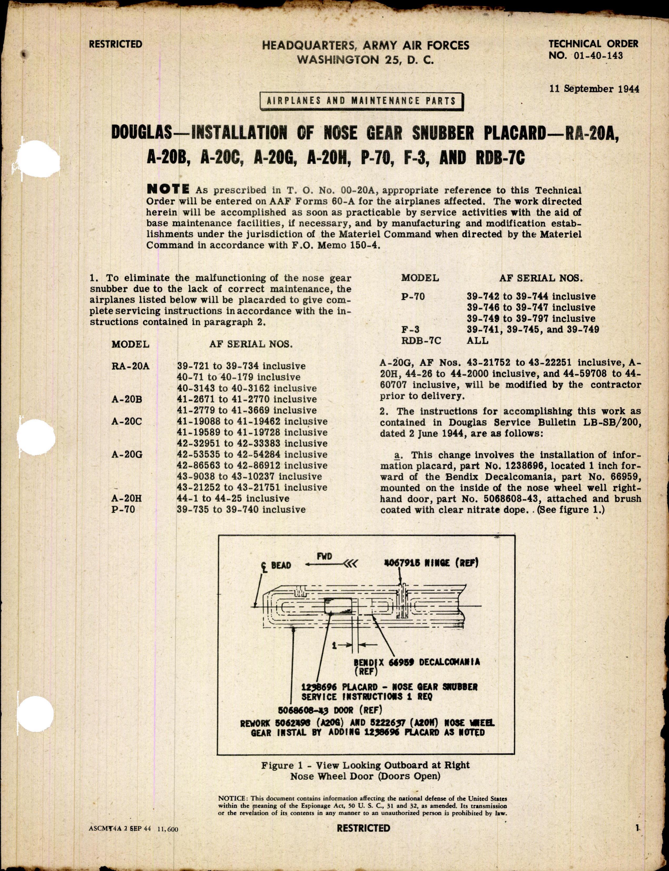 Sample page 1 from AirCorps Library document: Installation of Nose Gear Snubber Placard