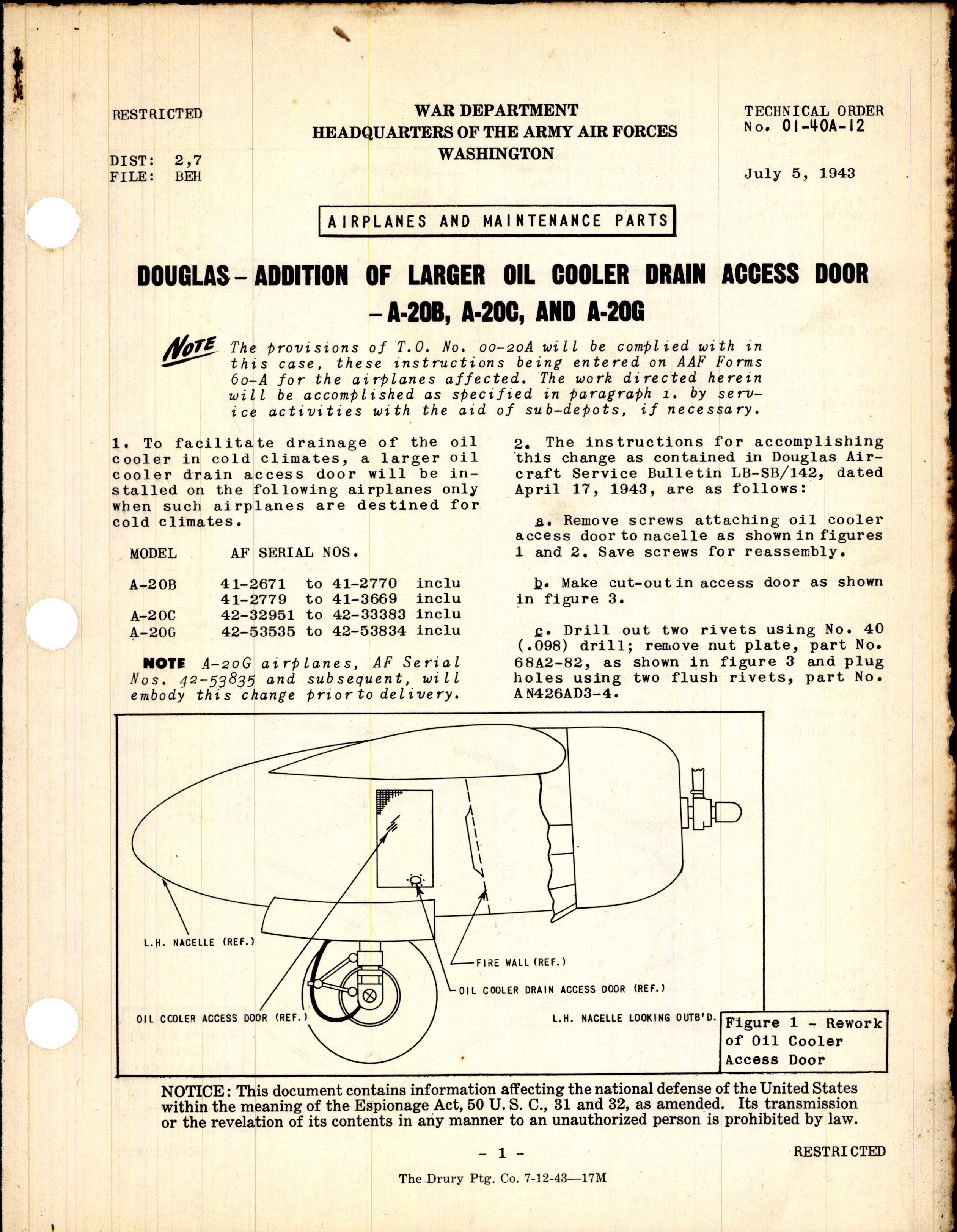 Sample page 1 from AirCorps Library document: Addition of Larger Oil Cooler Drain Access Door for A-20B, A-20C, and A-20G