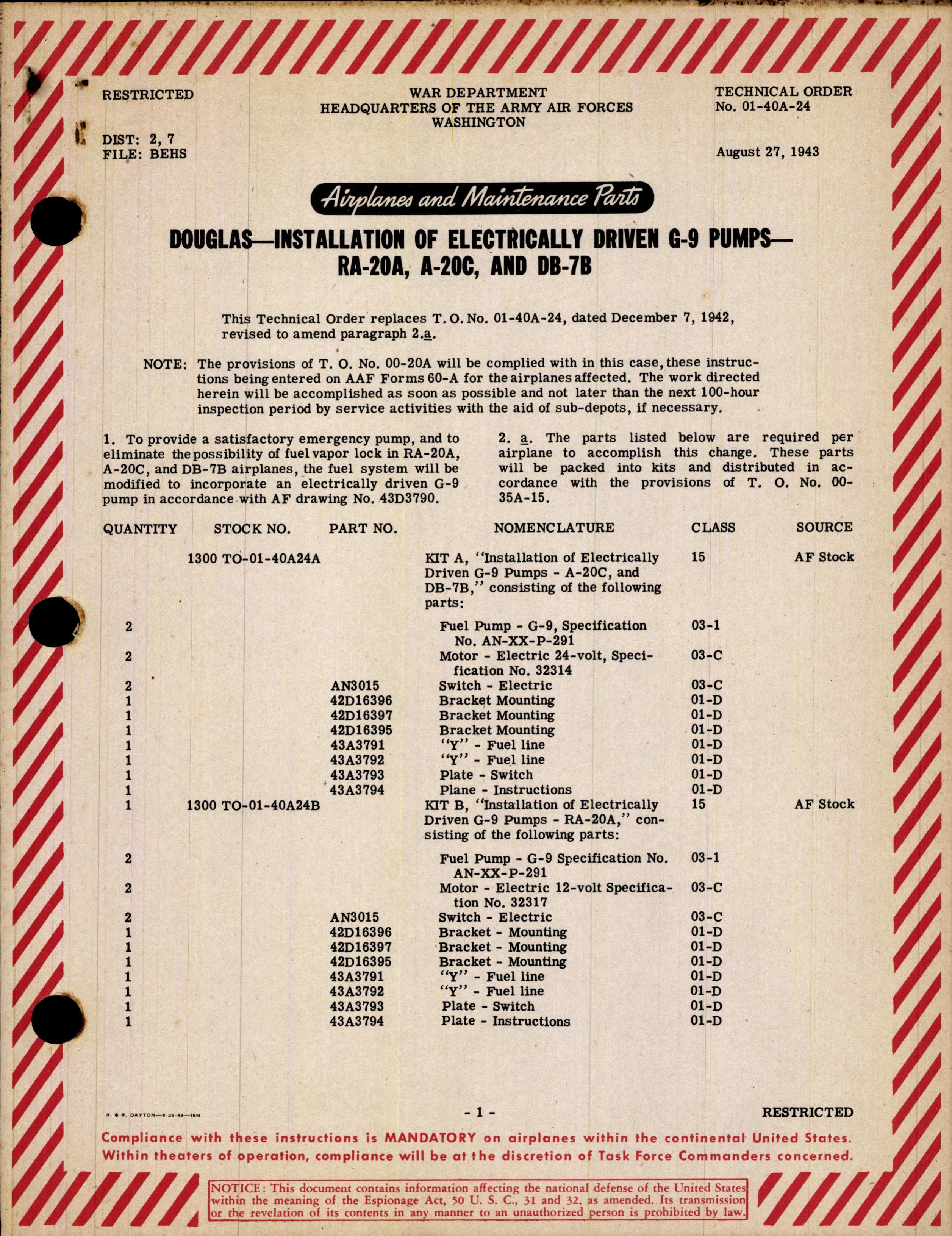 Sample page 1 from AirCorps Library document: Installation of Electrically Driven G-9 Pumps for RA-20A, A-20C, and DB-7B