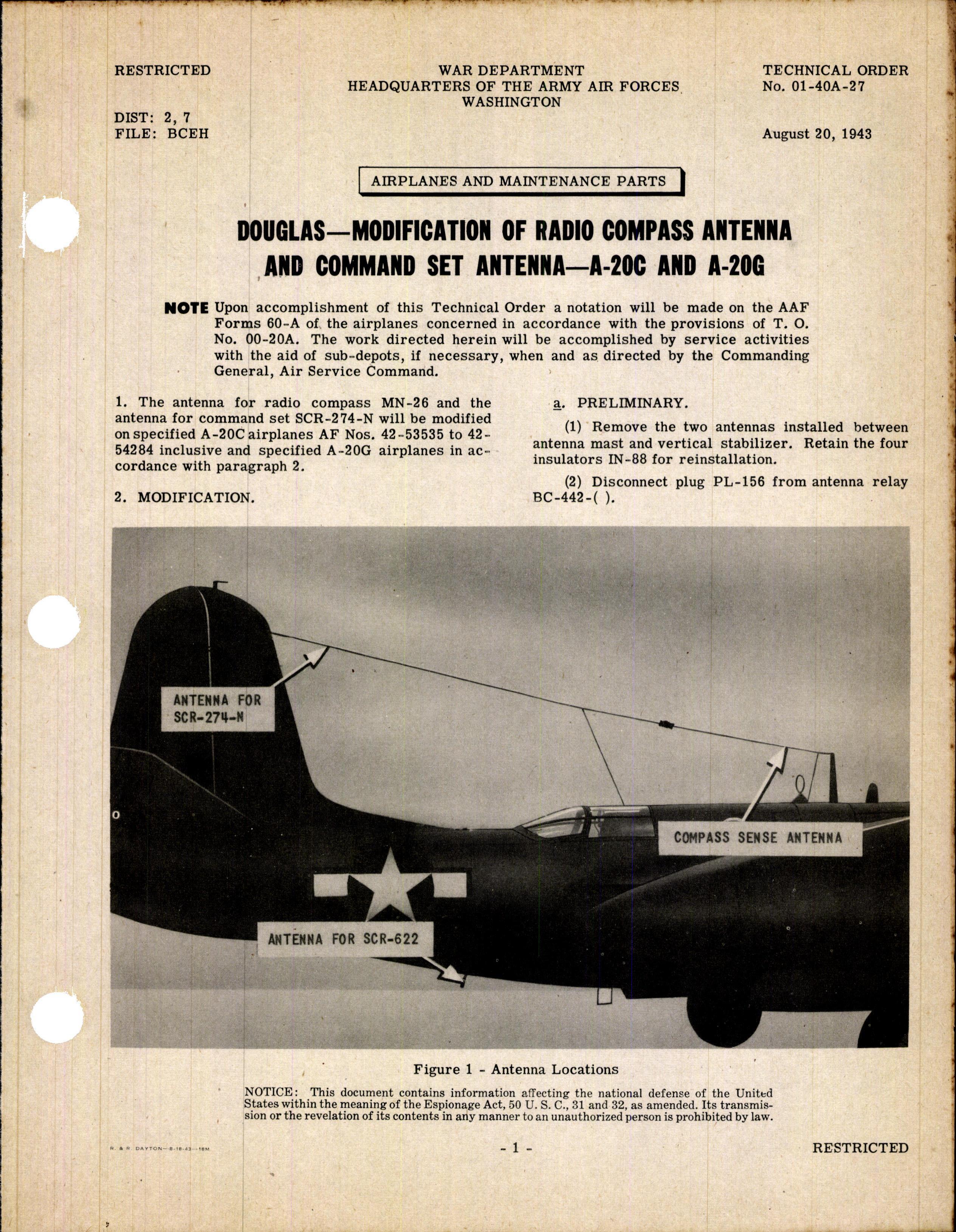 Sample page 1 from AirCorps Library document: Modification of Radio Compass Antenna and Command Set Antenna for A-20C, and A-20G
