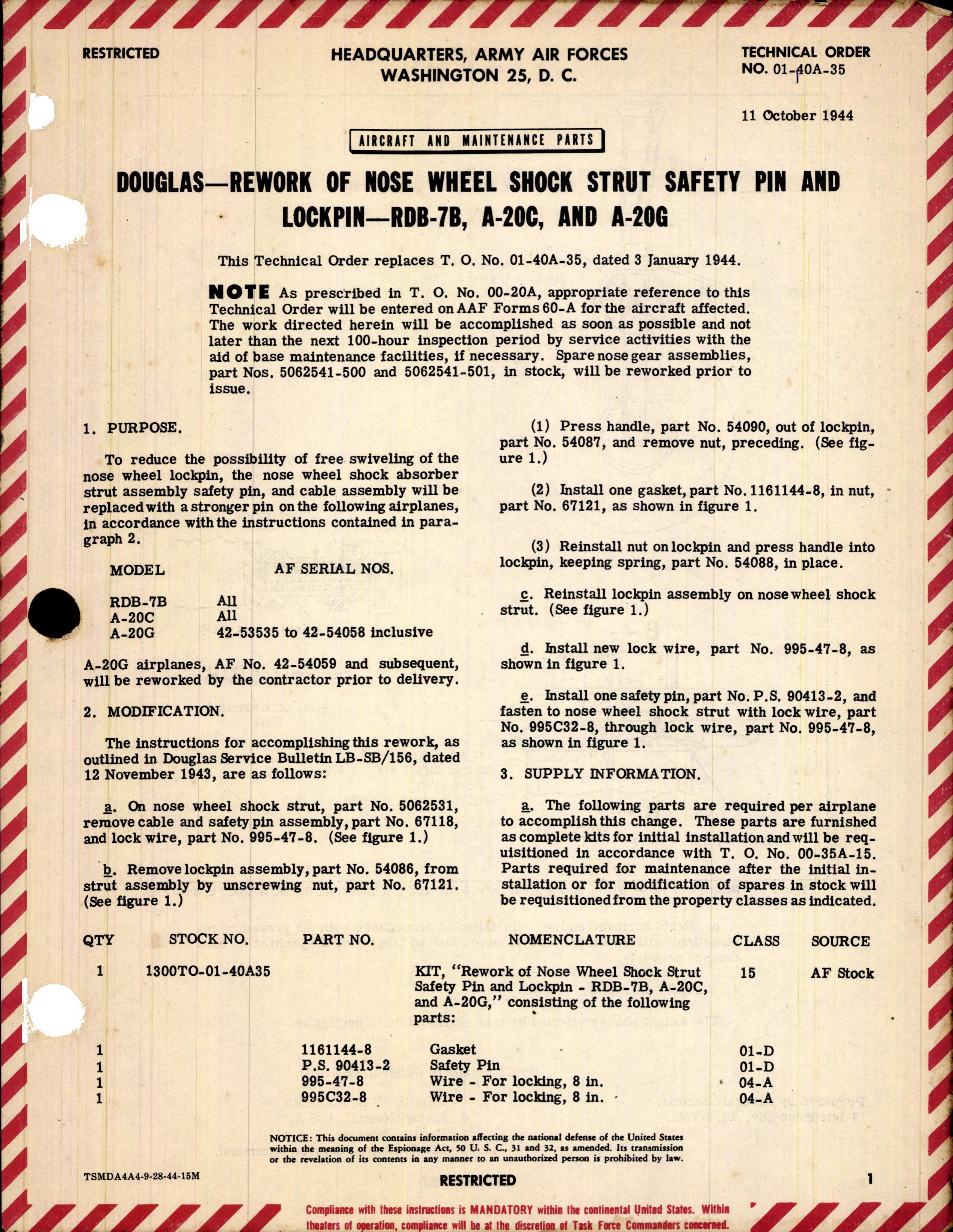 Sample page 1 from AirCorps Library document: Rework of Nose Wheel Shock Strut Safety Pin and Lockpin