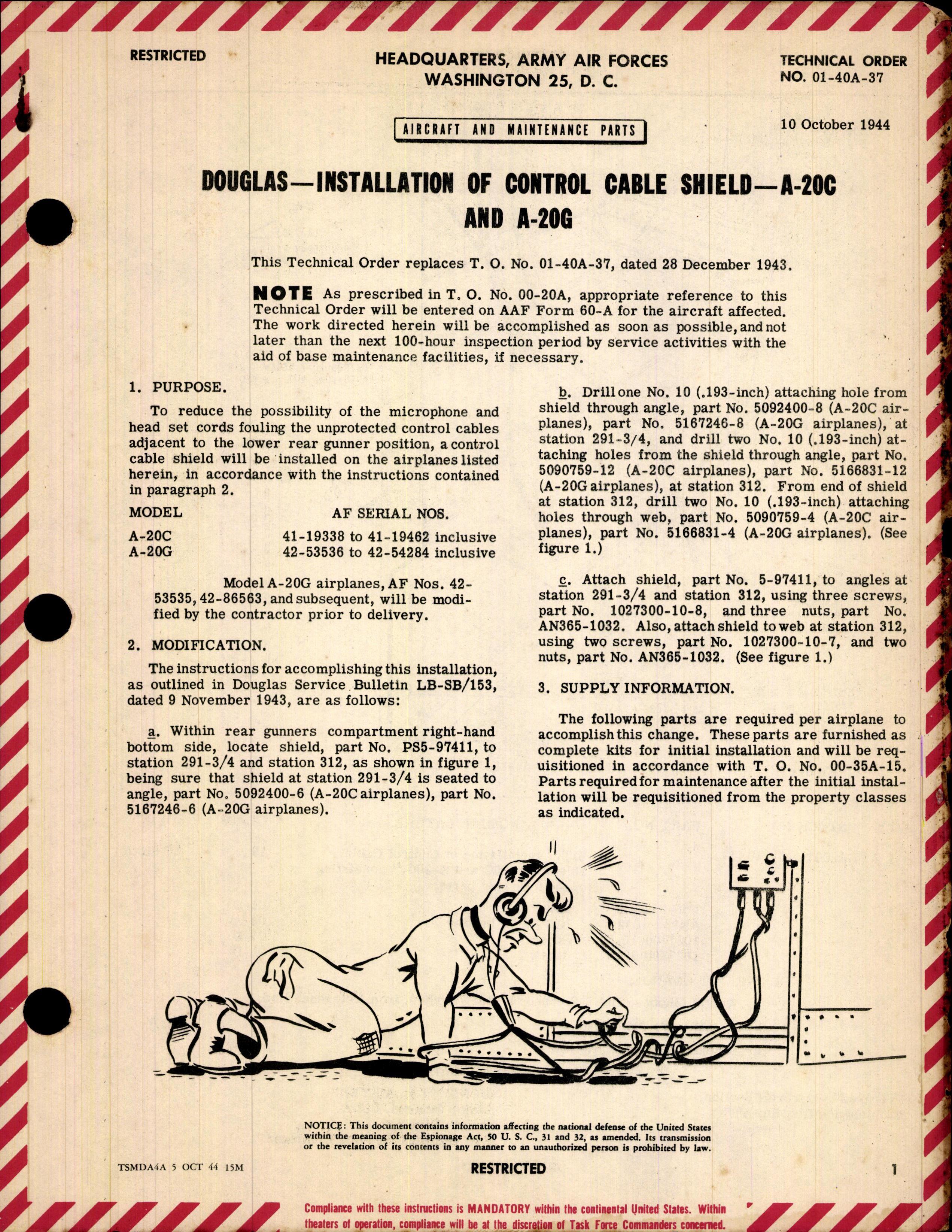 Sample page 1 from AirCorps Library document: Installation of Control Cable Shield for A-20C, and A-20G