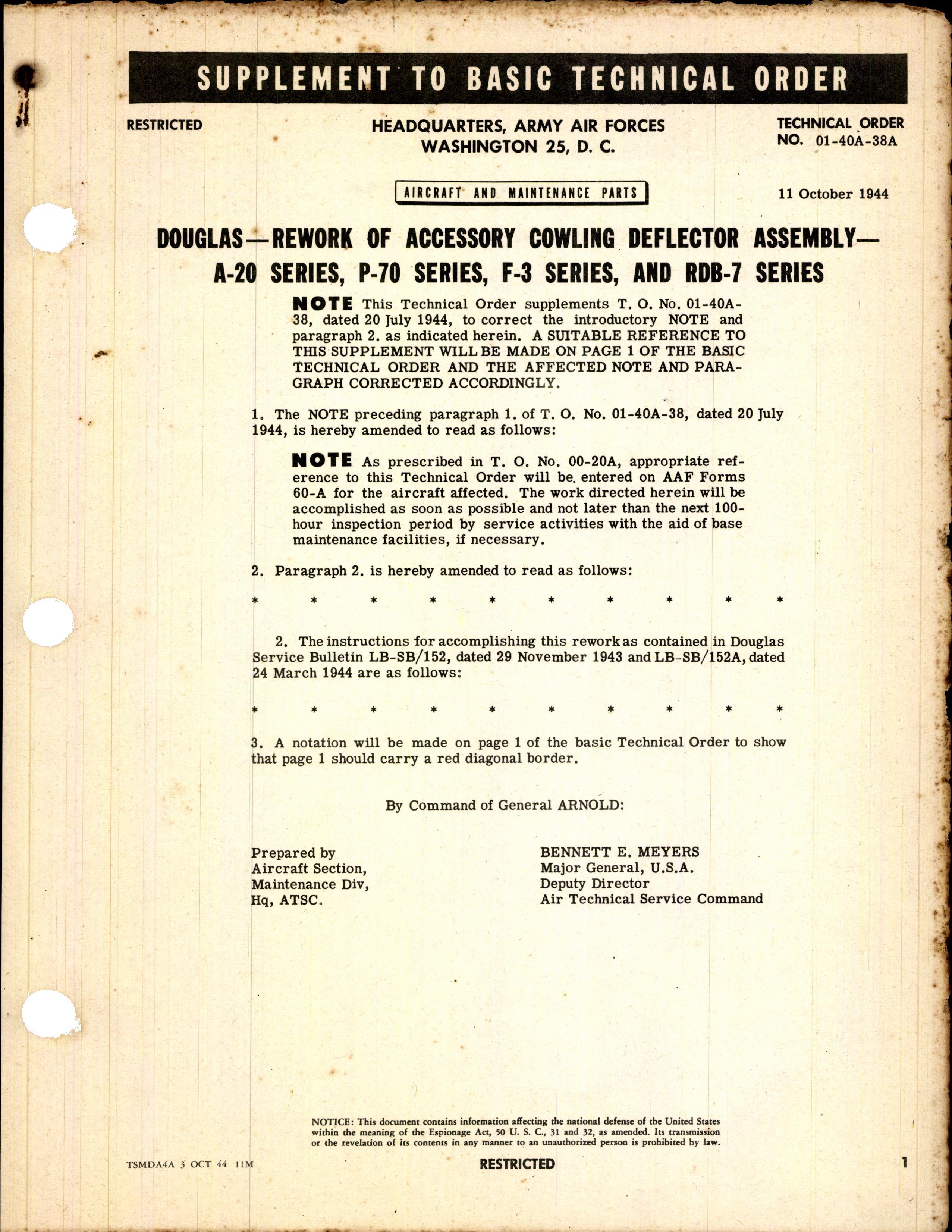 Sample page 1 from AirCorps Library document: Rework of Accessory Cowling Deflector Assembly for A-20, P-70, F-3, and RDB-7 Series