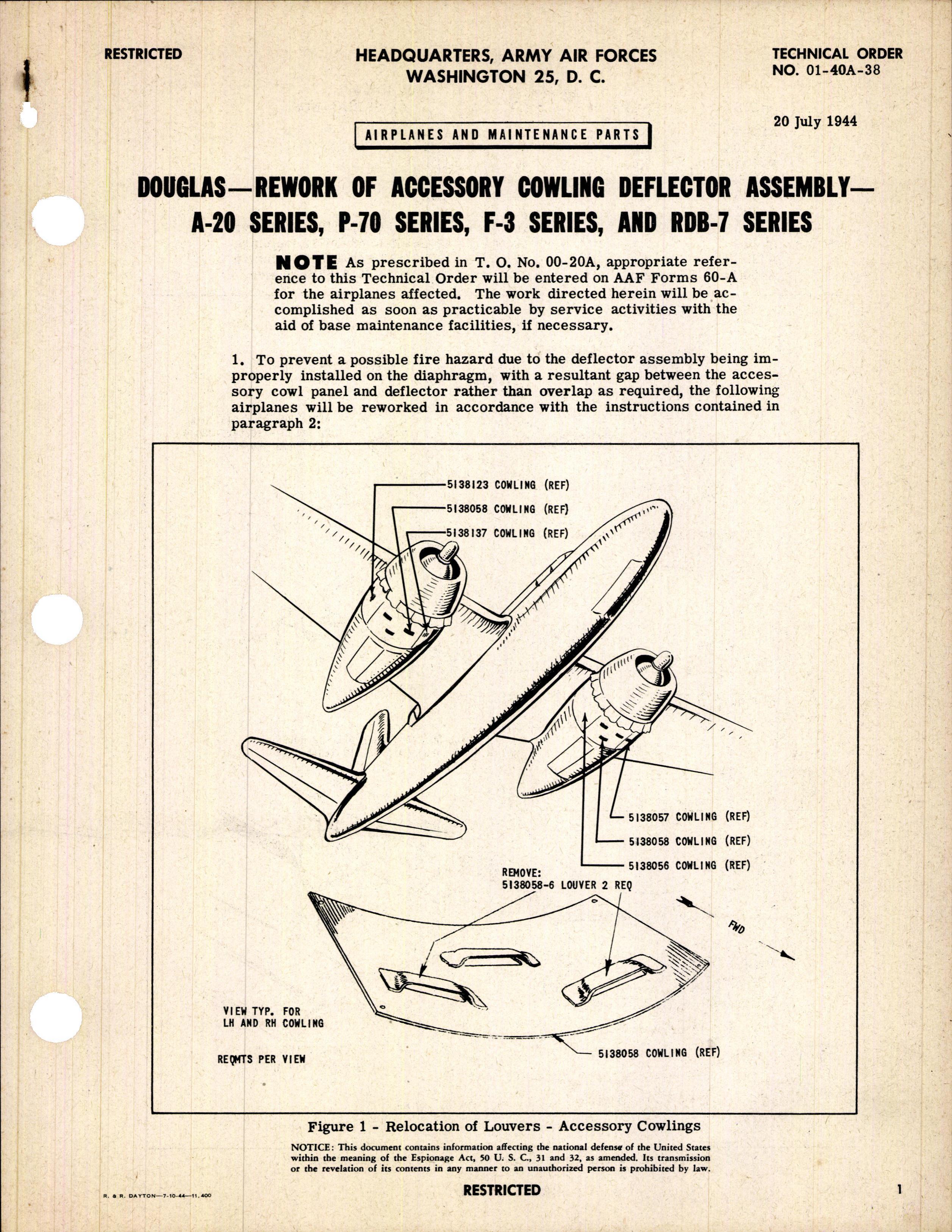 Sample page 1 from AirCorps Library document: Rework of Accessory Cowling Deflector Assembly for A-20, P-70, F-3, and RDB-7 Series