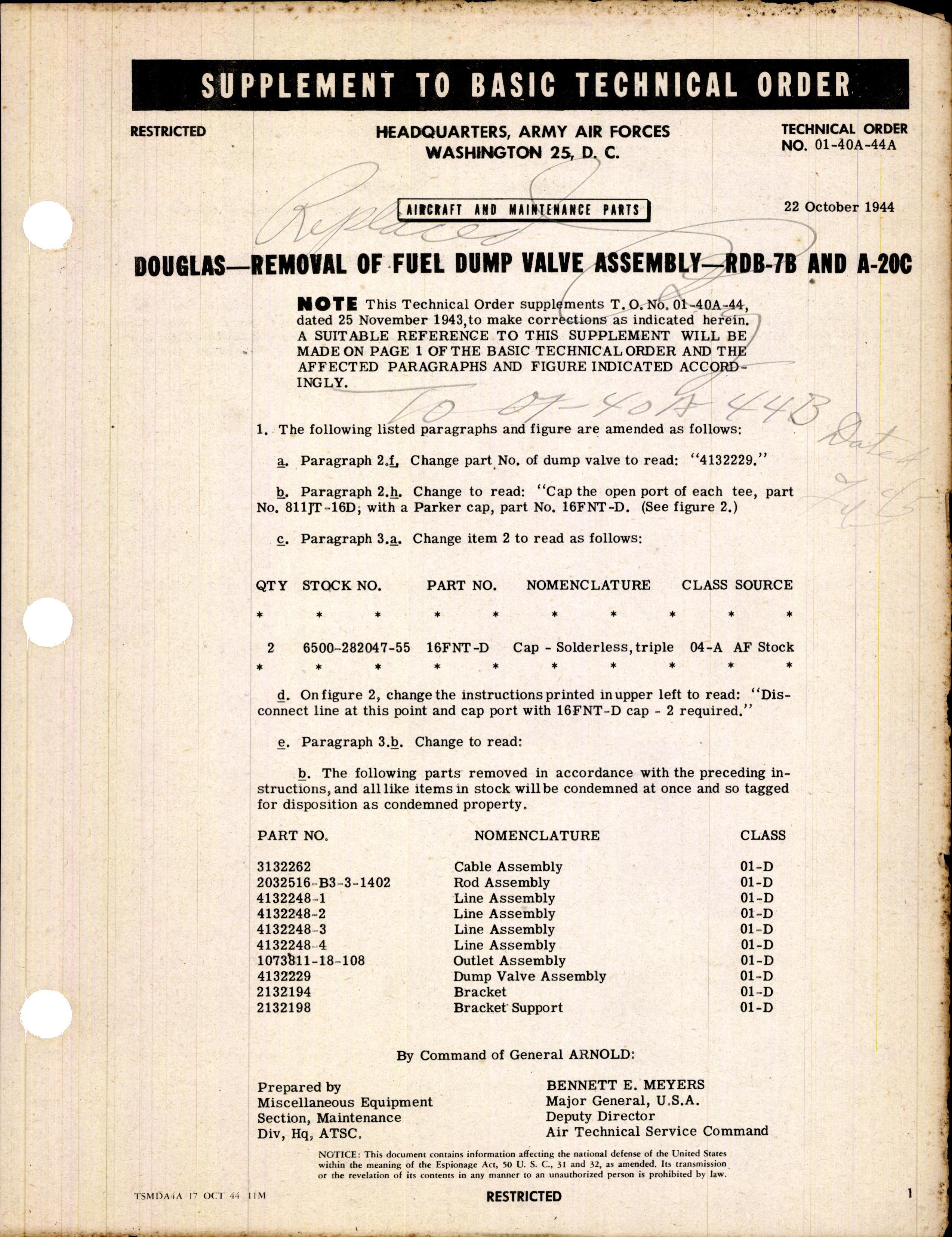 Sample page 1 from AirCorps Library document: Removal of Fuel Dump Valve Assembly for RDB-7B and A-20C