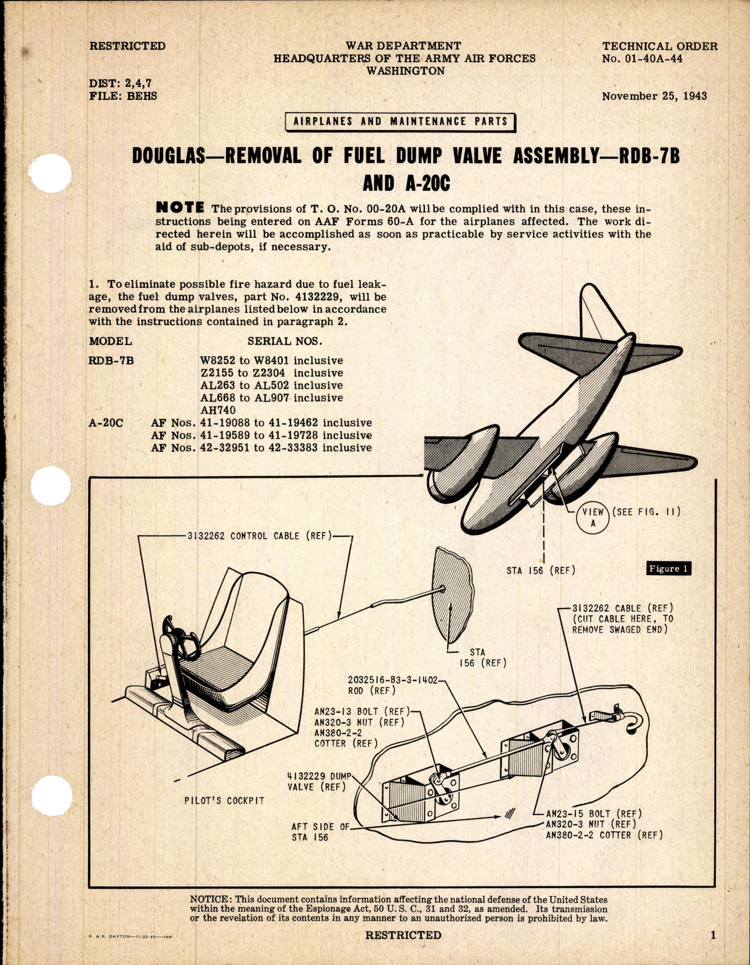 Sample page 1 from AirCorps Library document: Removal of Fuel Dump Valve Assembly for RDB-7B and A-20C