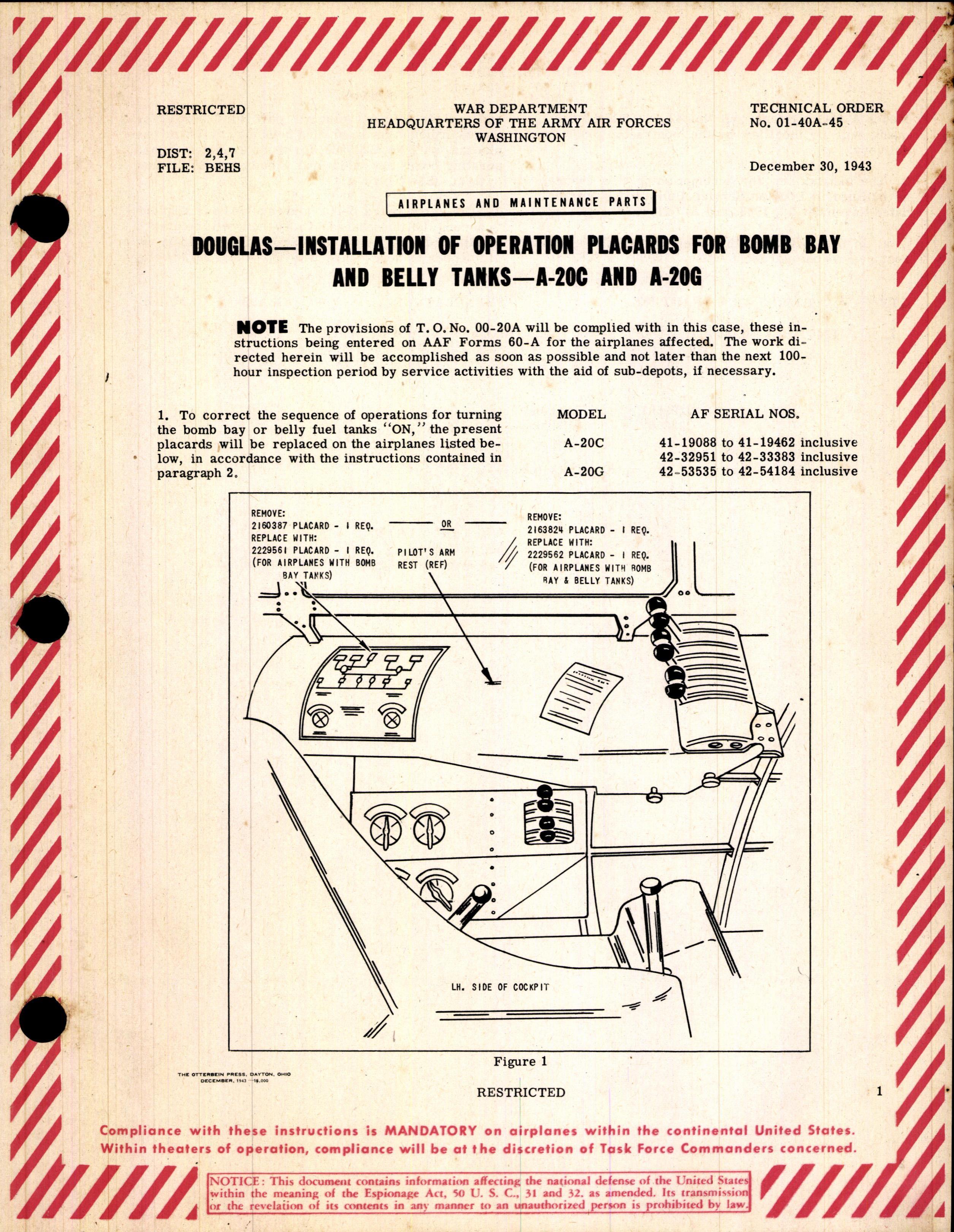 Sample page 1 from AirCorps Library document: Installation of Operation Placards for Bomb Bay and Belly Tanks for A-20C and A-20G