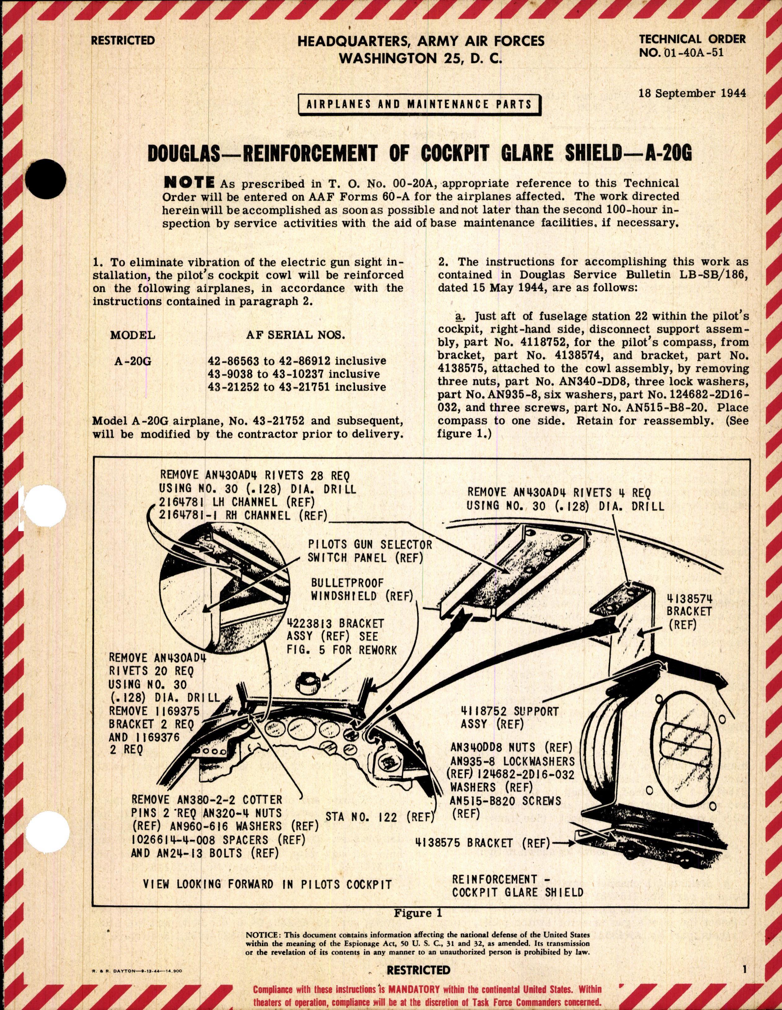 Sample page 1 from AirCorps Library document: Reinforcement of Cockpit Glare Shield for A-20G