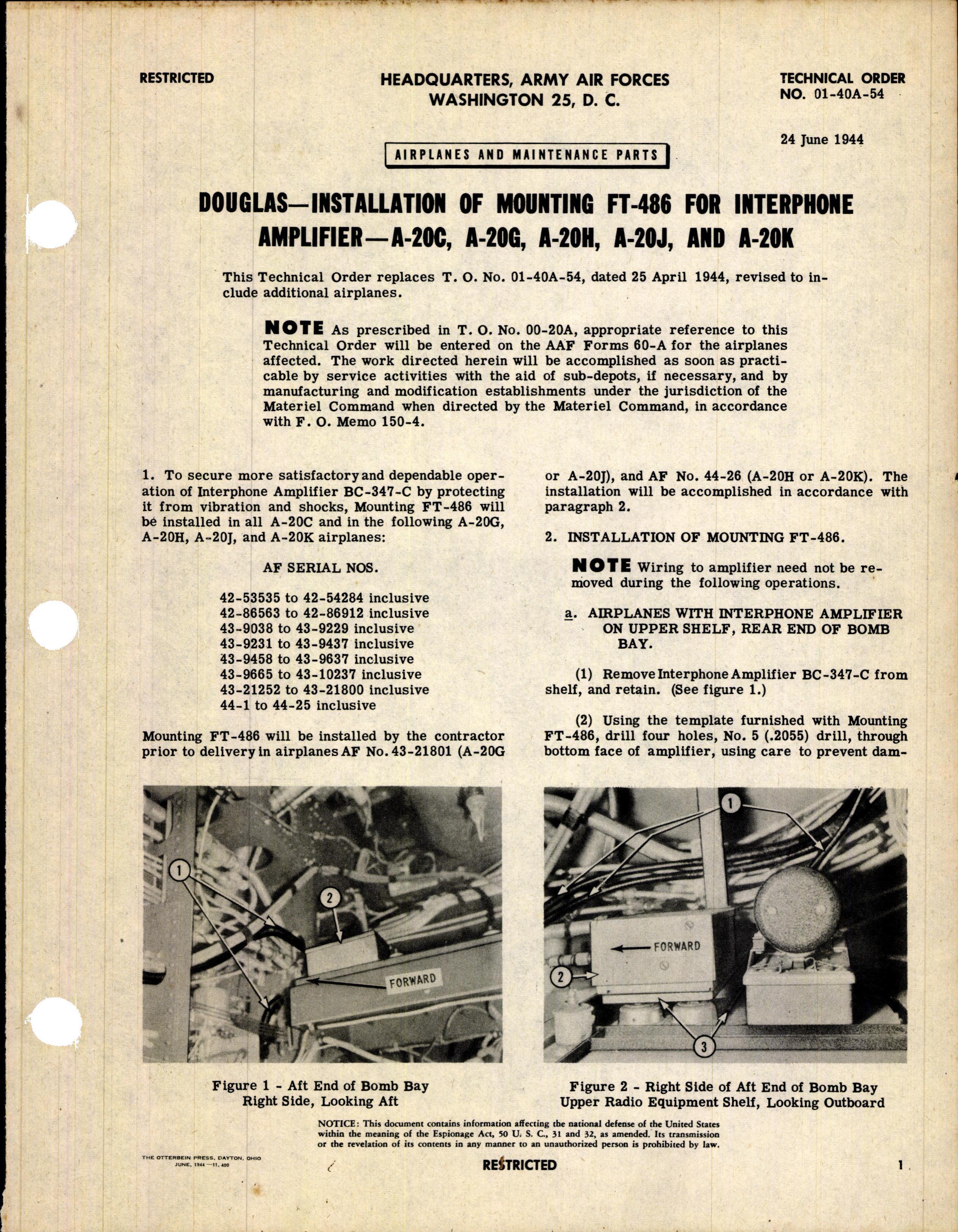 Sample page 1 from AirCorps Library document: Installation of Mounting FT-486 for Interphone Amplifier