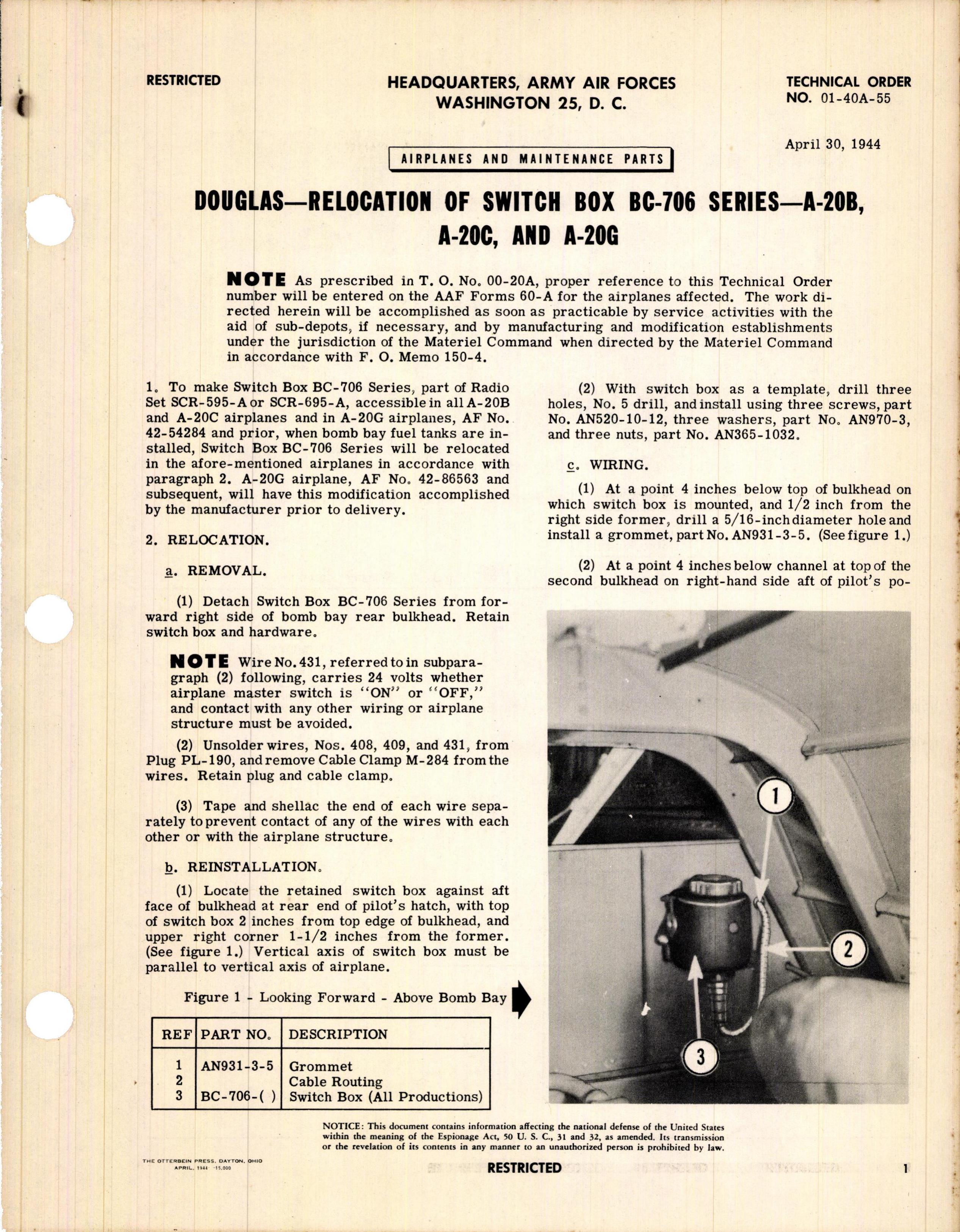 Sample page 1 from AirCorps Library document: Relocation of Switch Box BC-706 Series