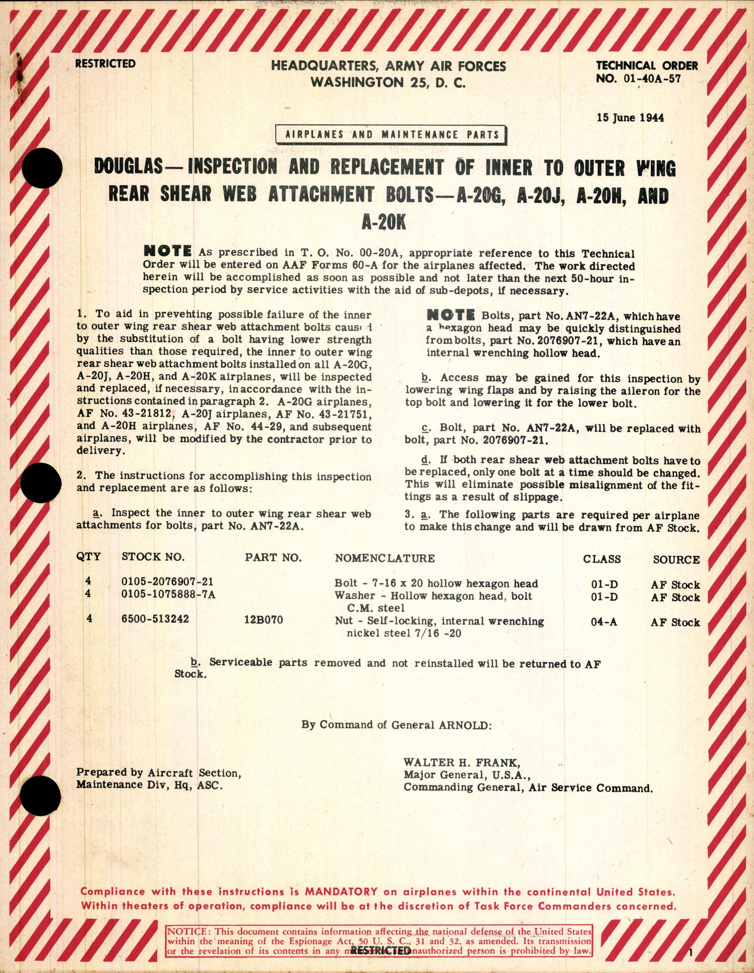 Sample page 1 from AirCorps Library document: Inspection and Replacement of Inner to Outer Wing Rear Shear Web Attachment Bolts