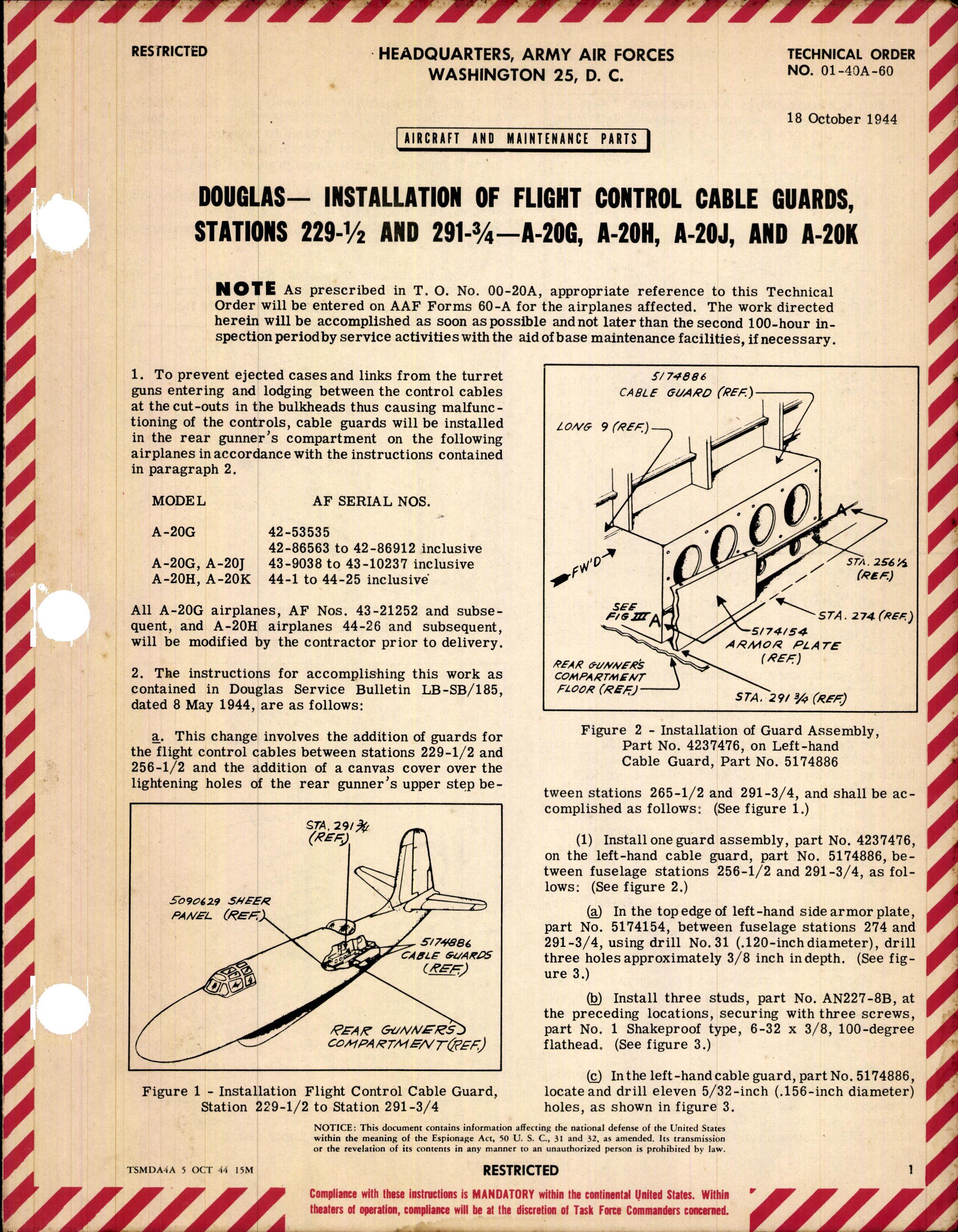 Sample page 1 from AirCorps Library document: Installation of Flight Control Cable Guards, Stations 229 1/2, and 291 3/4