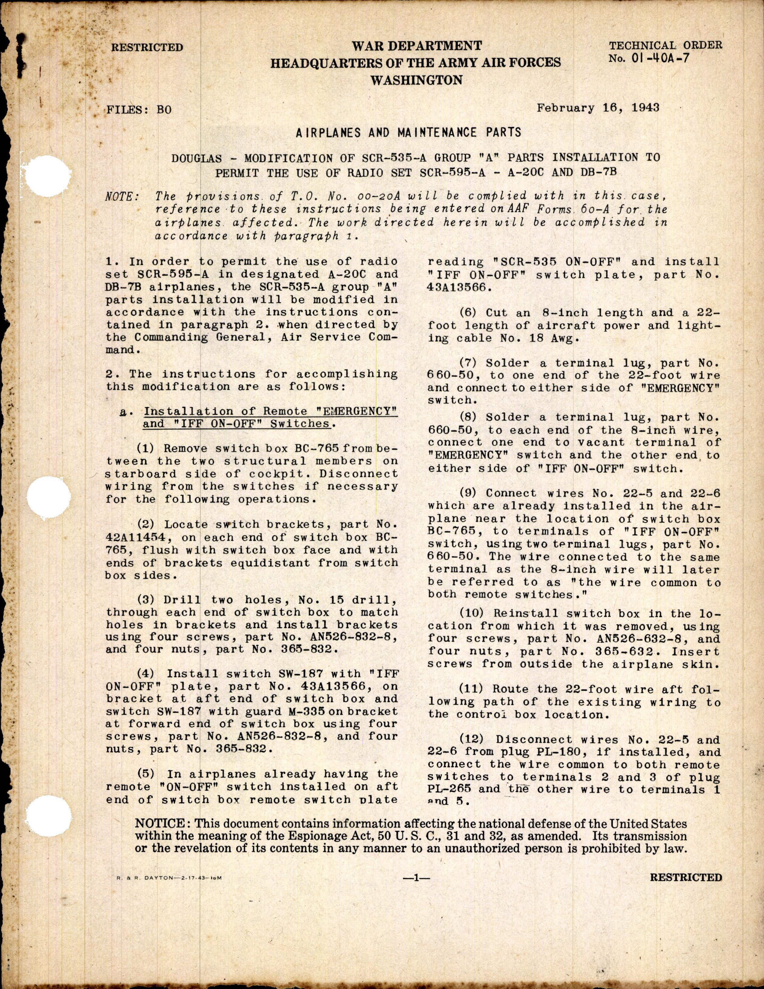 Sample page 1 from AirCorps Library document: Modification of SCR-535-A Group 