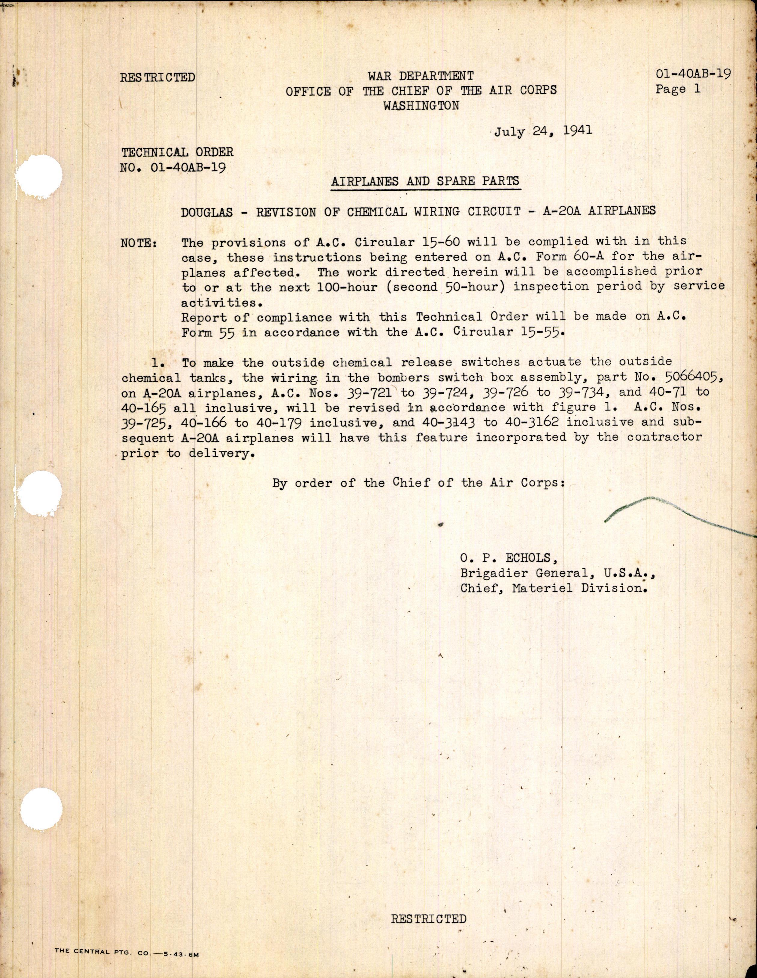 Sample page 1 from AirCorps Library document: Revision of Chemical Wiring Circuit for A-20A