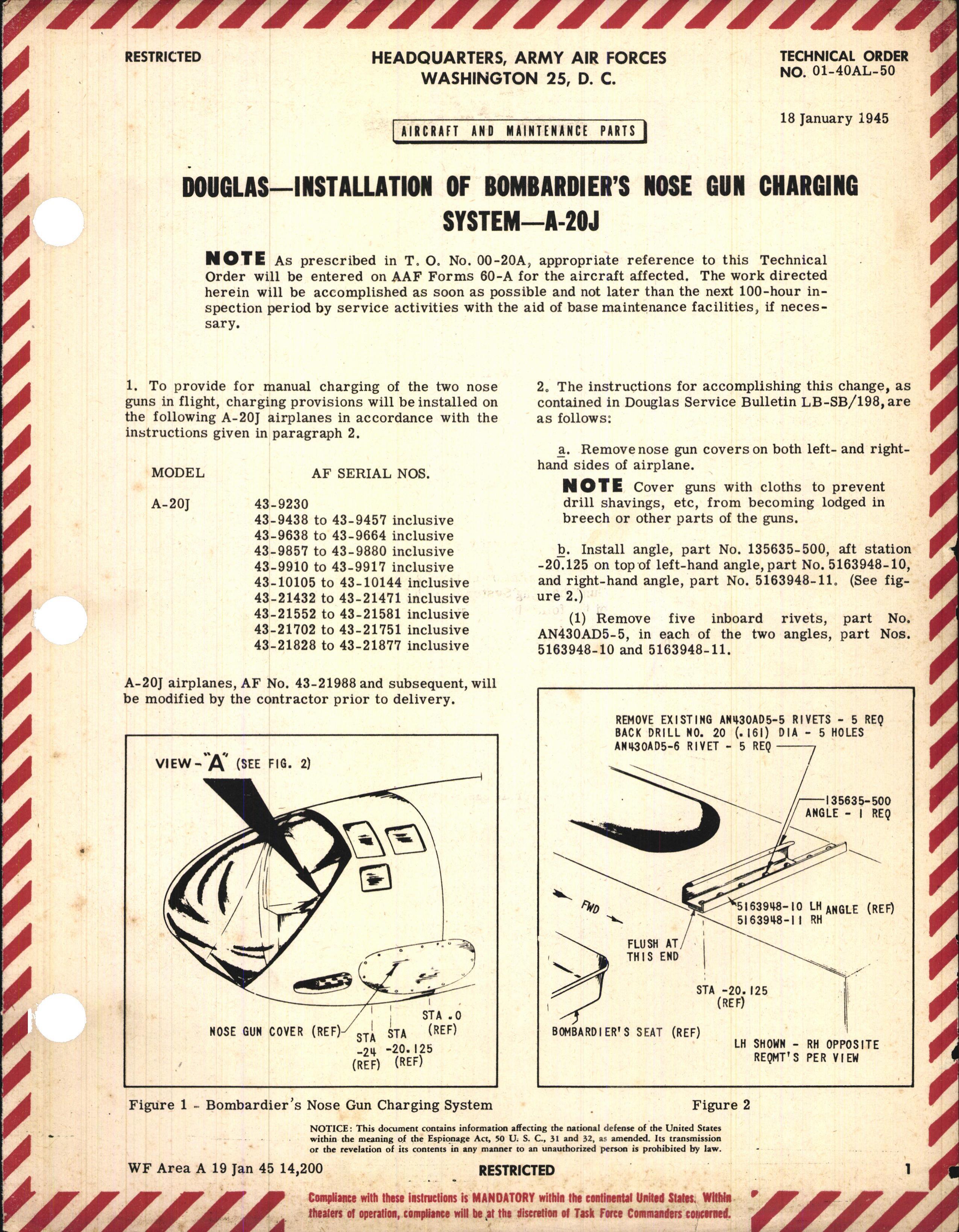 Sample page 1 from AirCorps Library document: Installation of Bombardier's Nose Gun Charging System for A-20J