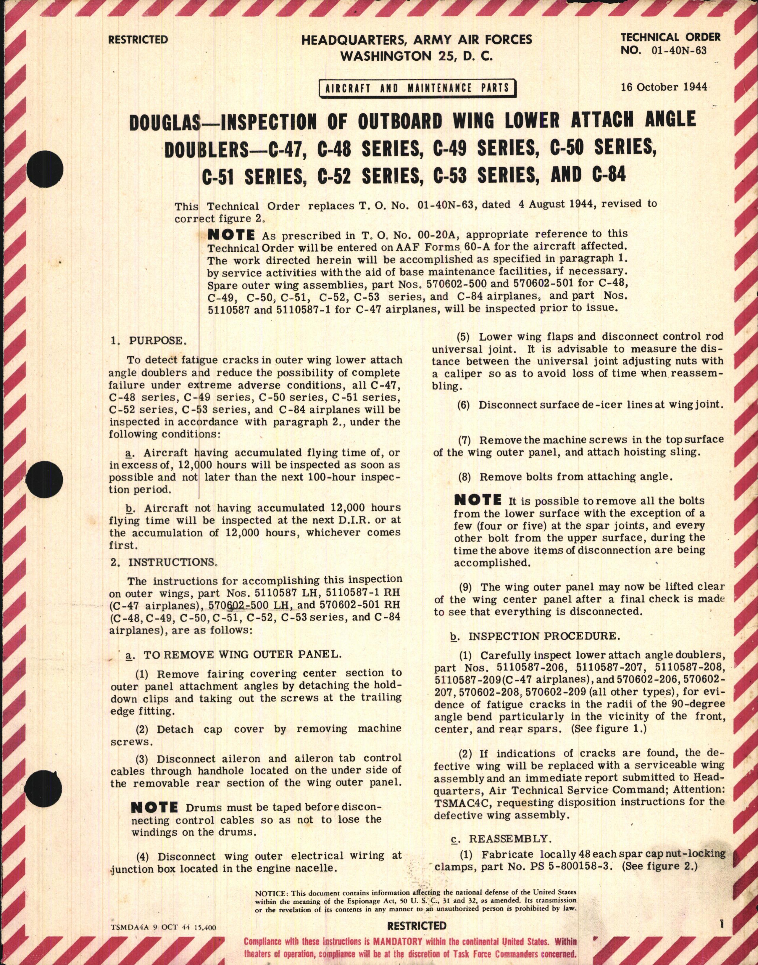 Sample page 1 from AirCorps Library document: Inspection of Outboard Wing Lower Attach Angle Doublers for C-47, -48, -49, -50, -51, -52, -53, and -84