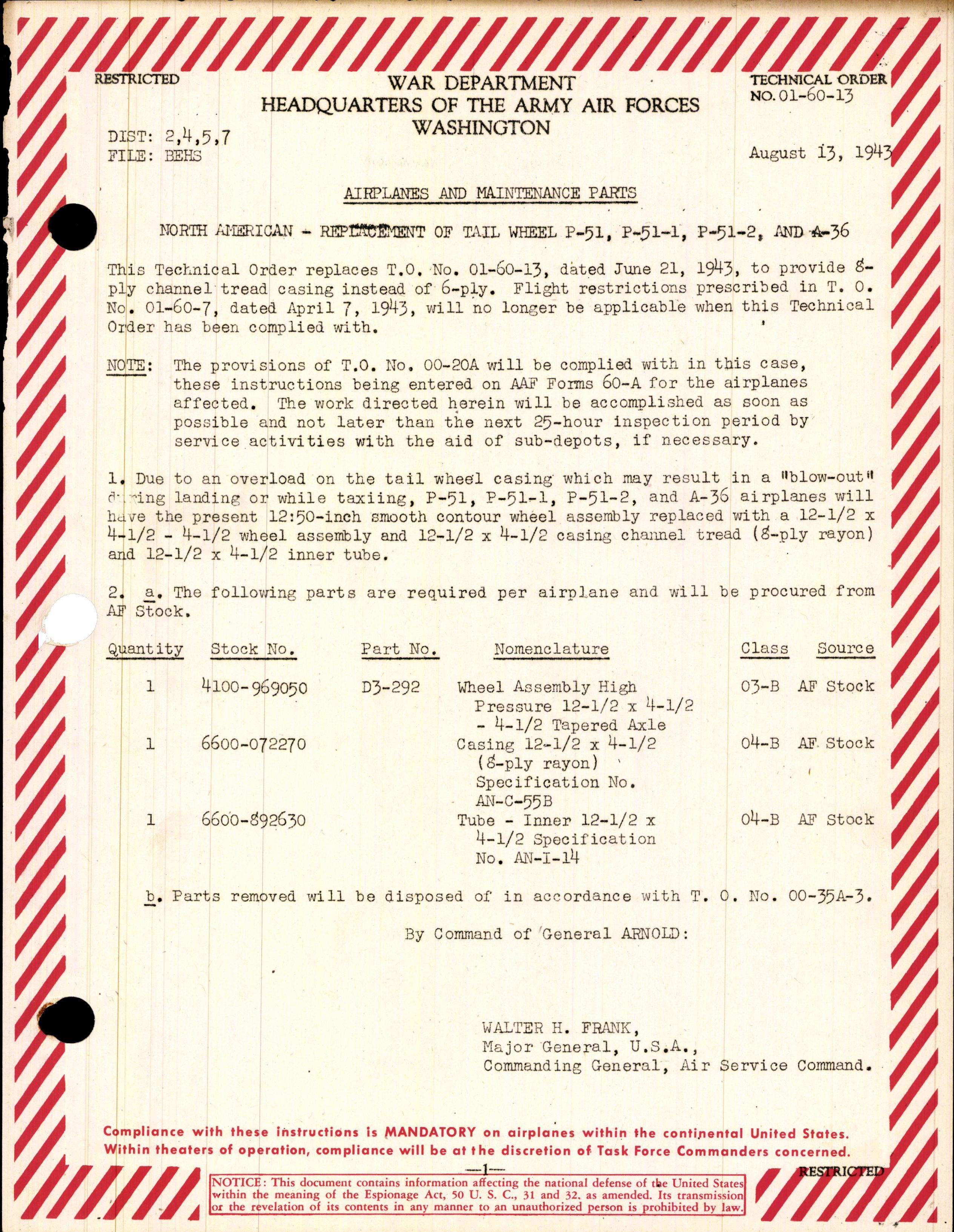 Sample page 1 from AirCorps Library document: Replacement of Tail Wheel for P-51, P-51-1, P-51-2, and A-36