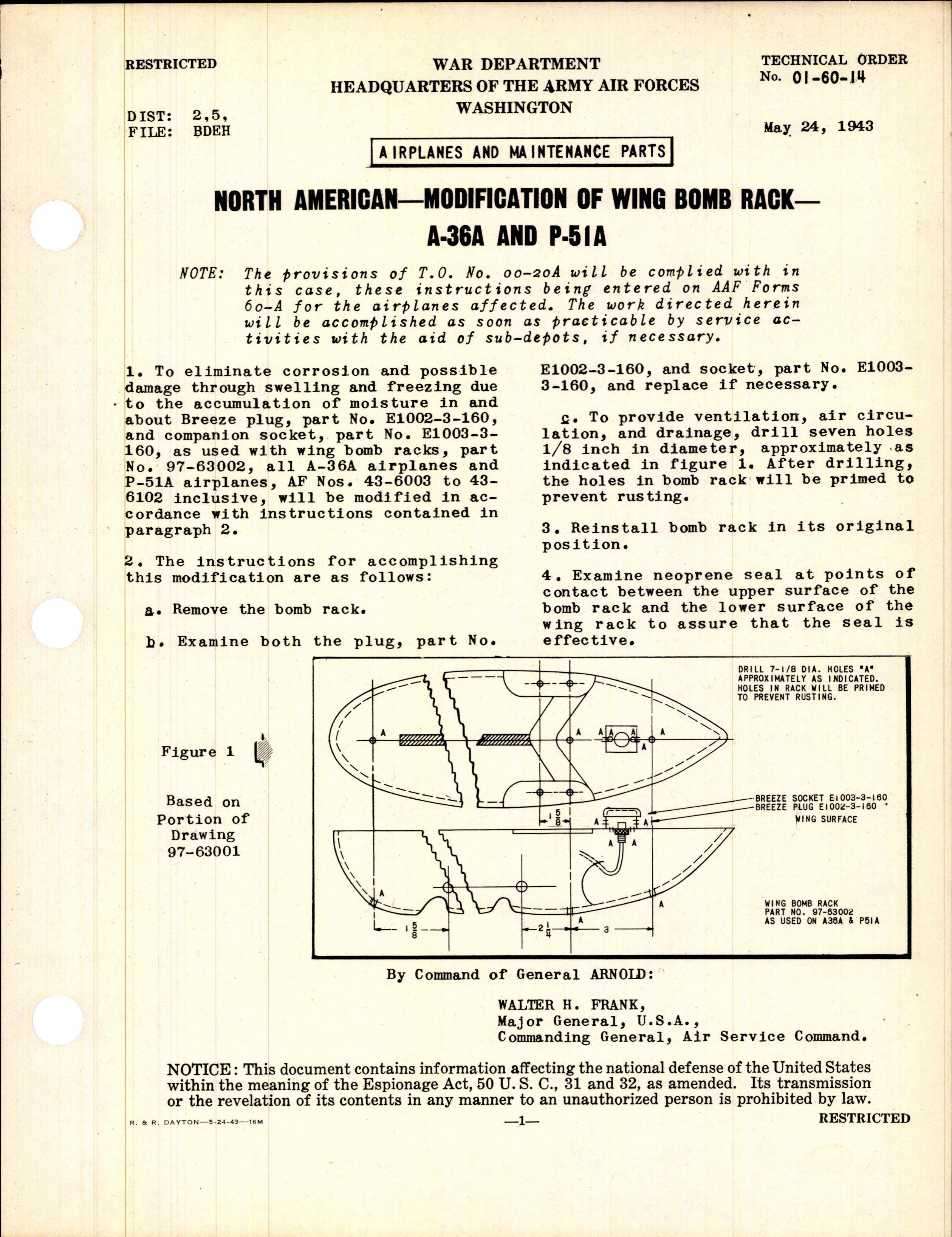 Sample page 1 from AirCorps Library document: Modification of Wing Bomb Rack for A-36A and P-51A