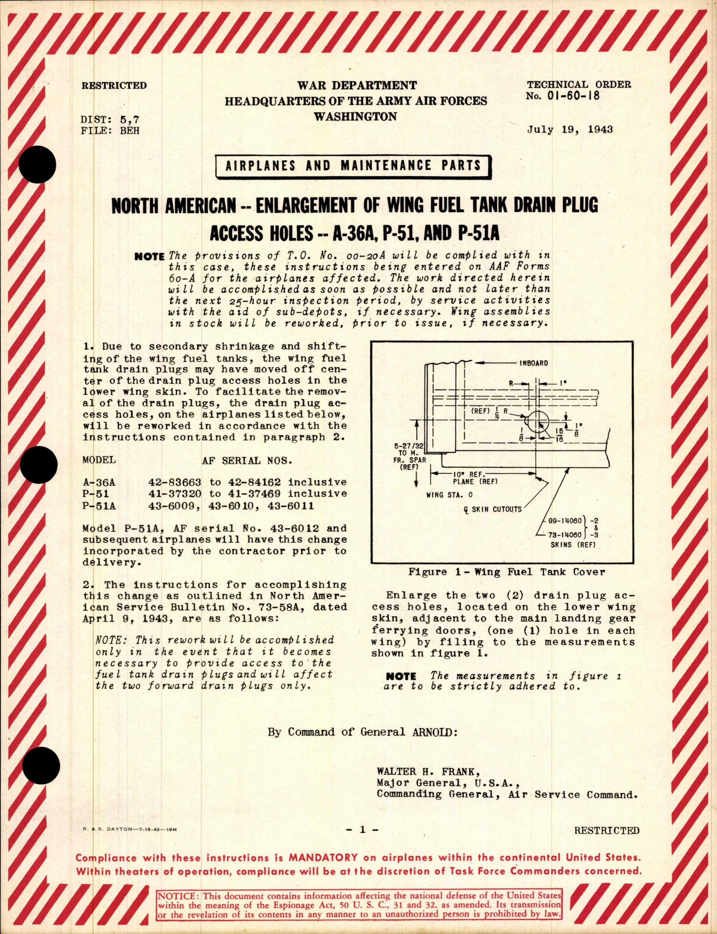 Sample page 1 from AirCorps Library document: Enlargement of Wing Fuel Tank Drain Plug Access Holes for A-36A, P-51, and P-51A