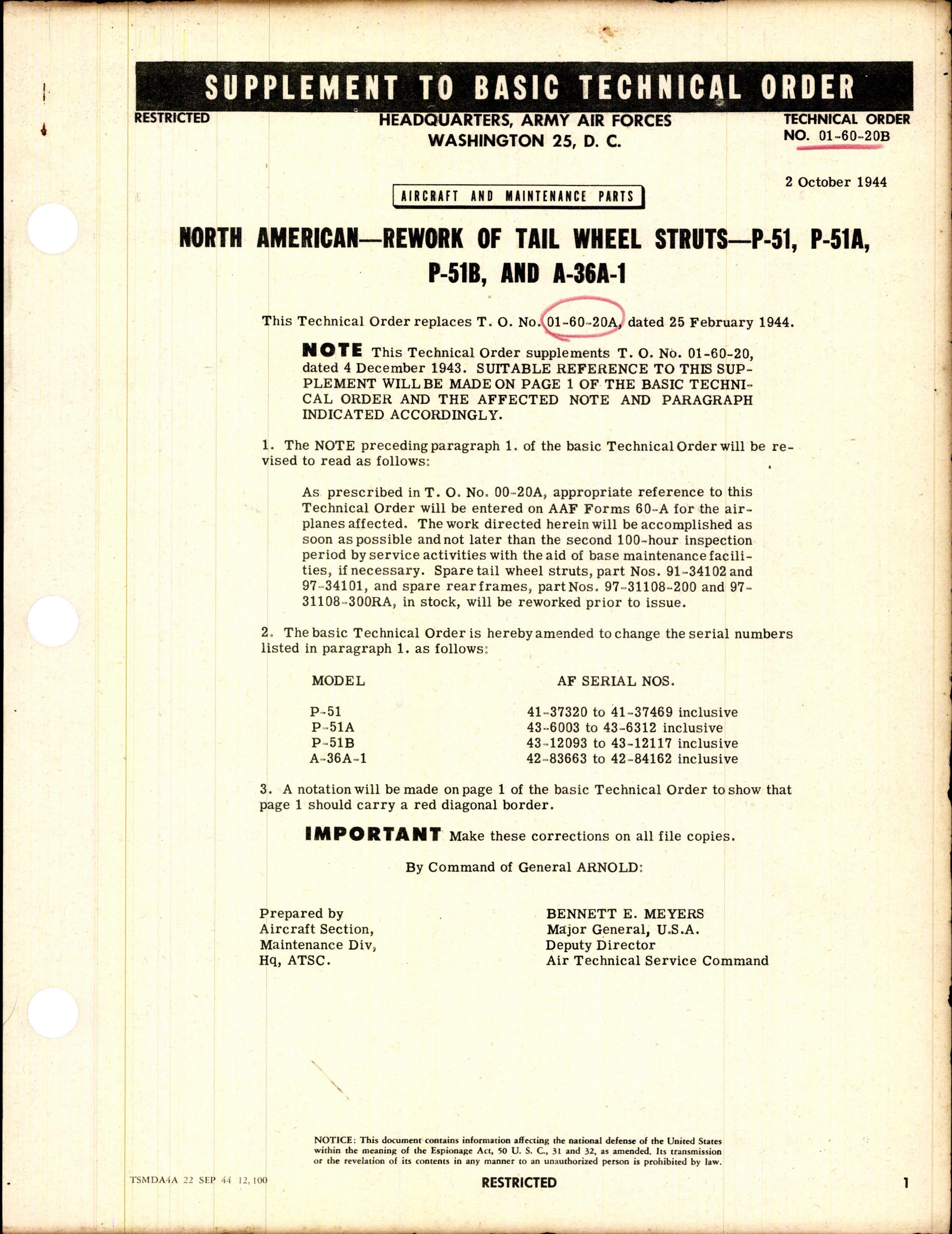 Sample page 1 from AirCorps Library document: Rework of Tail Wheel Struts for P-51, P-51A, P-51B, and A-36A-1