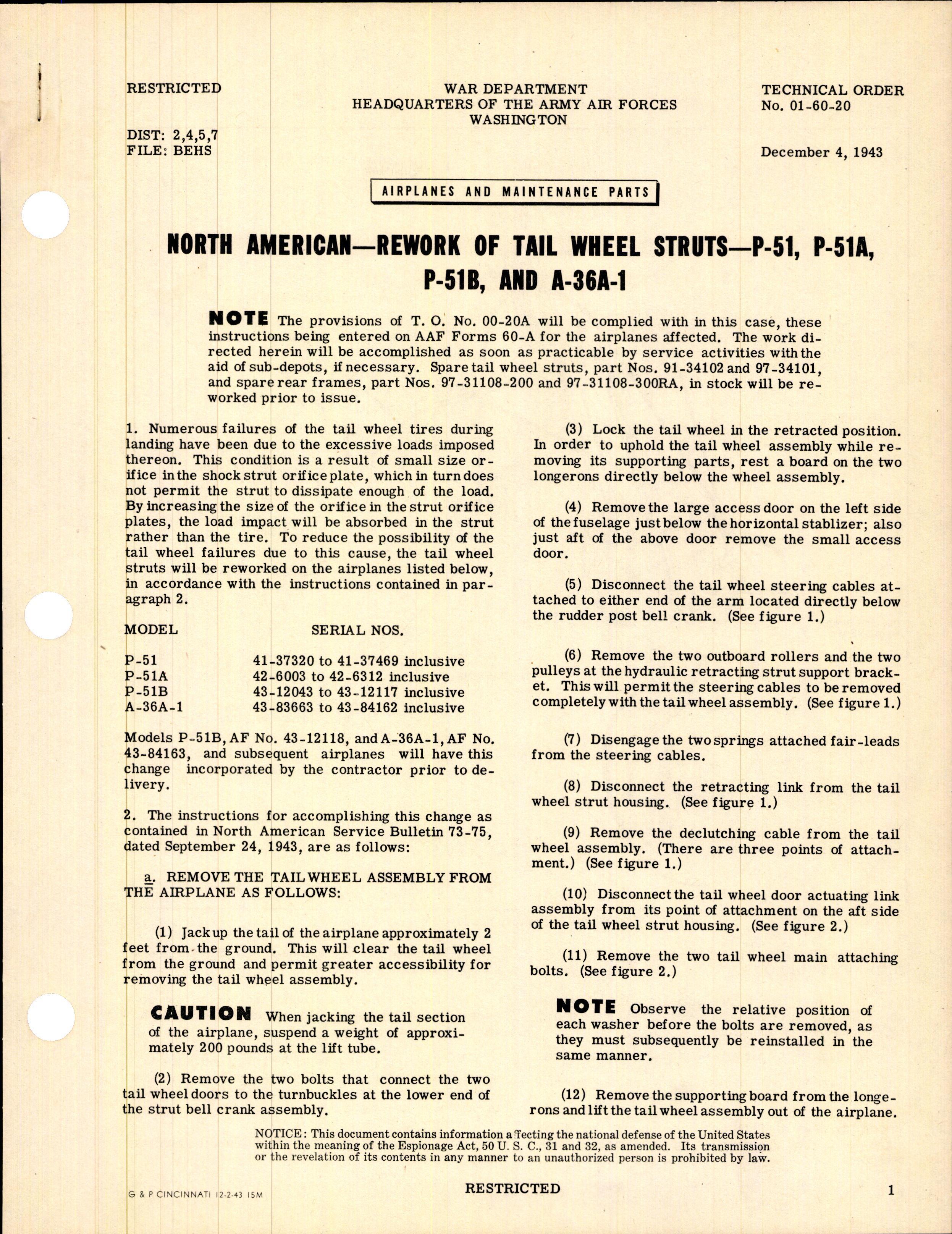 Sample page 1 from AirCorps Library document: Rework of Tail Wheel Struts for P-51, P-51A, P-51B, and A-36A-1