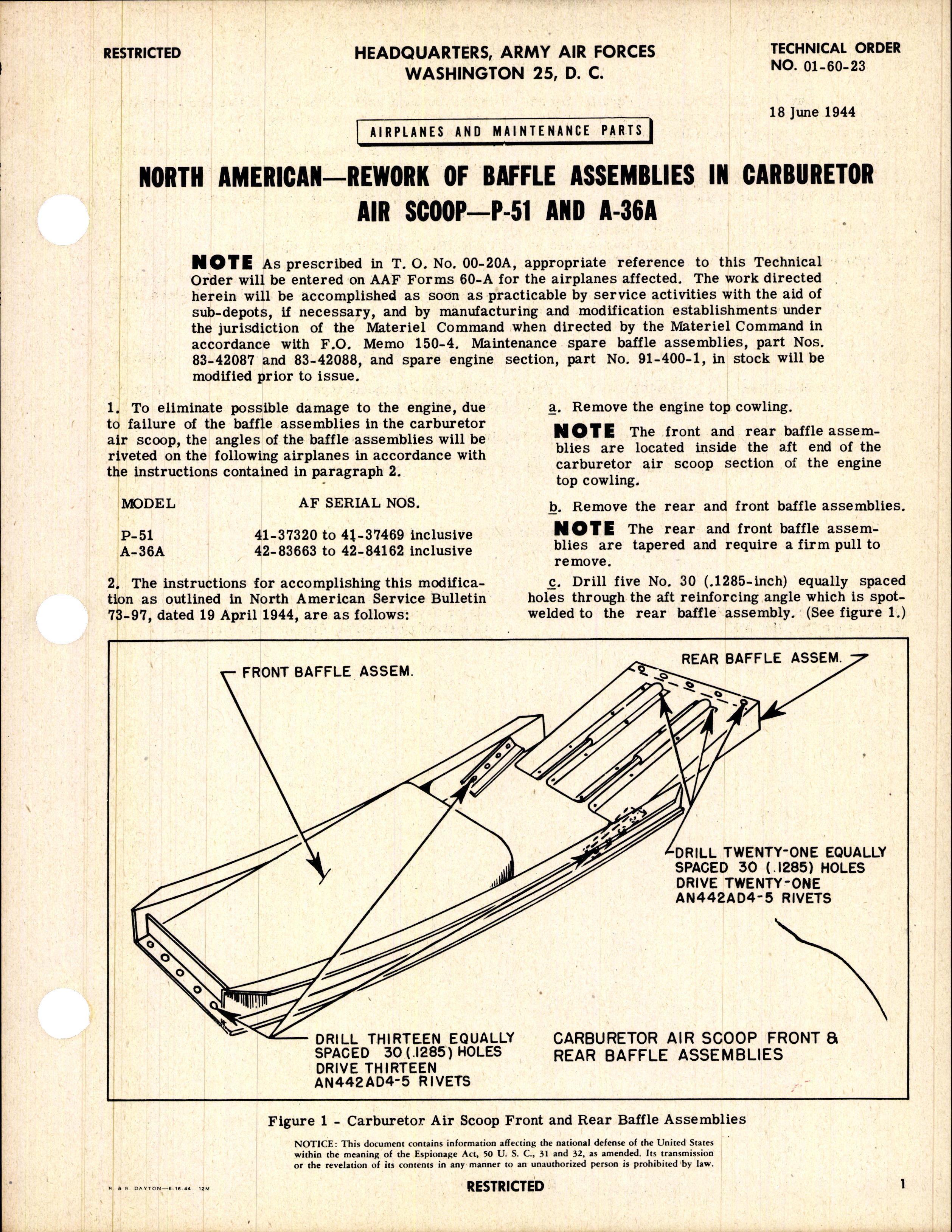 Sample page 1 from AirCorps Library document: Rework of Baffle Assemblies in Carburetor Air Scoop for P-51 and A-36A