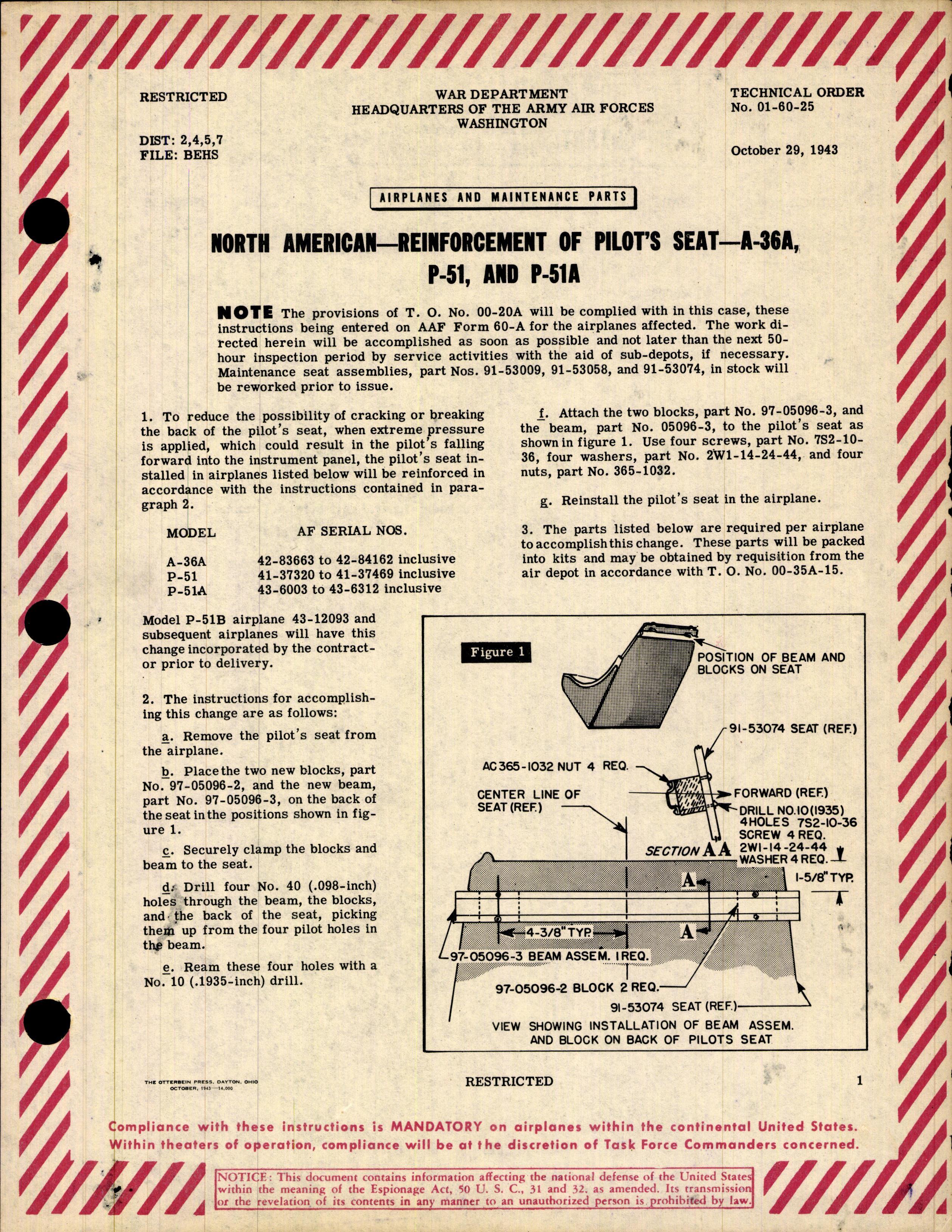 Sample page 1 from AirCorps Library document: Reinforcement of Pilot's Seat for A-36S, P-51, and P-51A