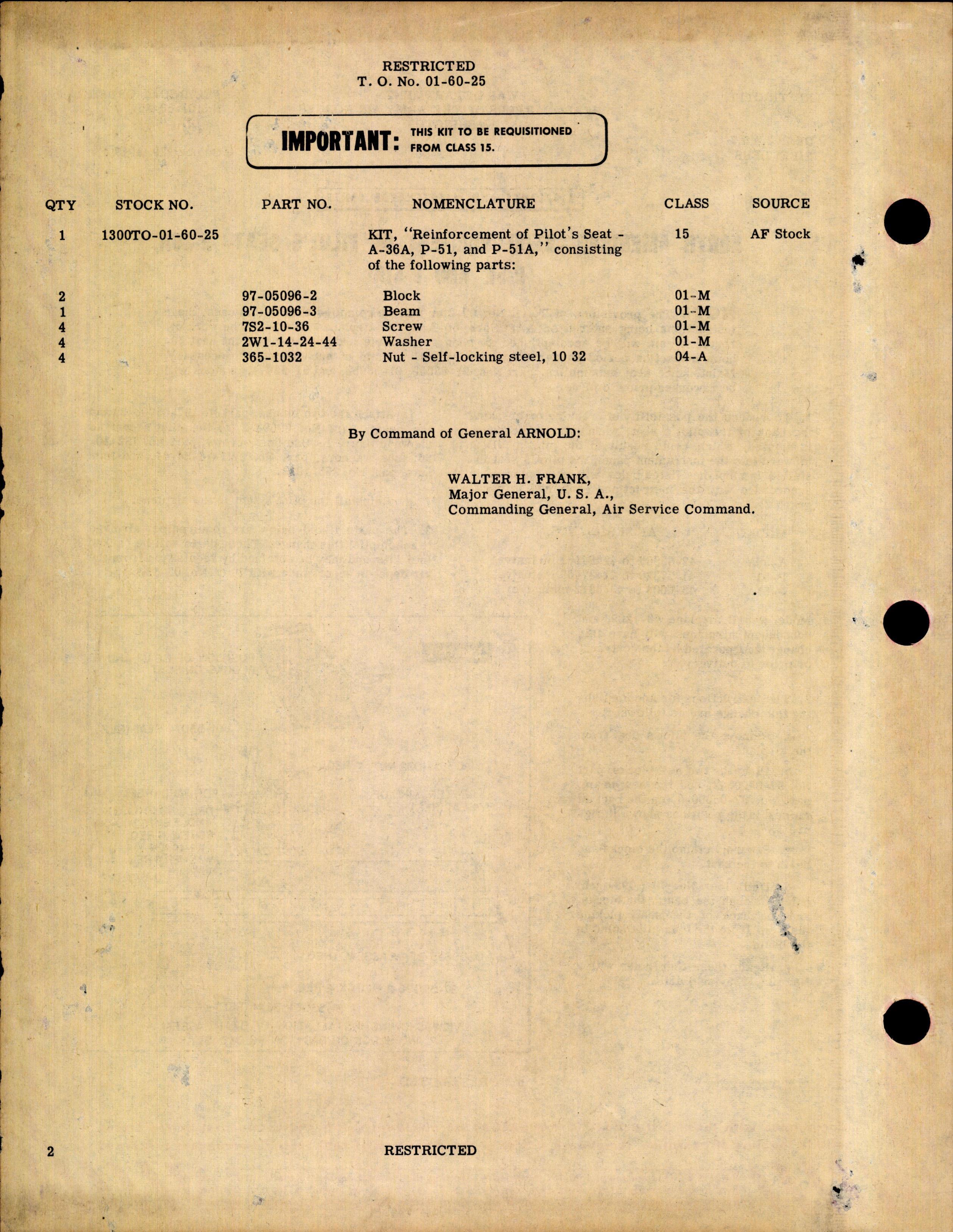 Sample page 2 from AirCorps Library document: Reinforcement of Pilot's Seat for A-36S, P-51, and P-51A