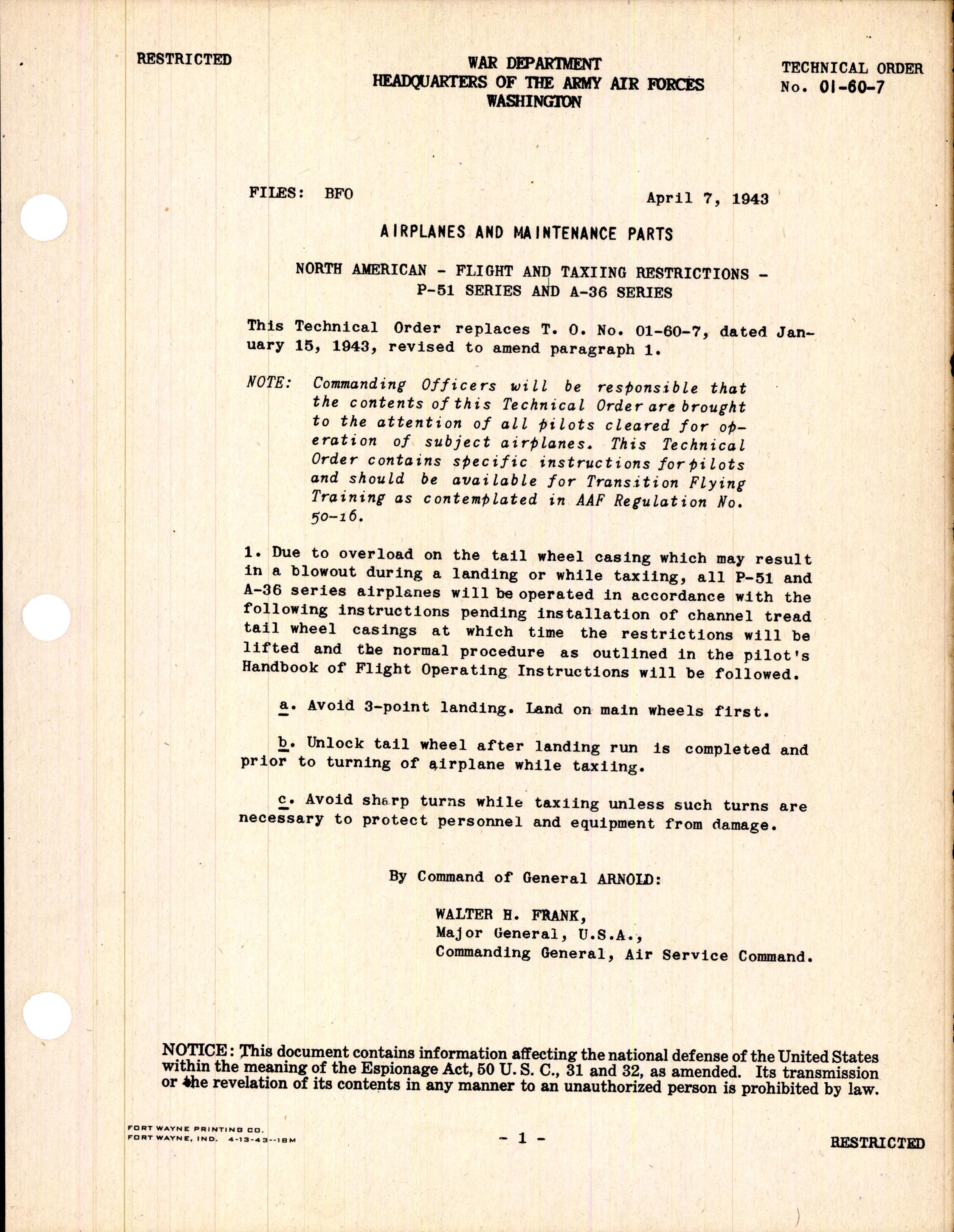 Sample page 1 from AirCorps Library document: Flight and Taxiing Restrictions for P-51 and A-36 Series