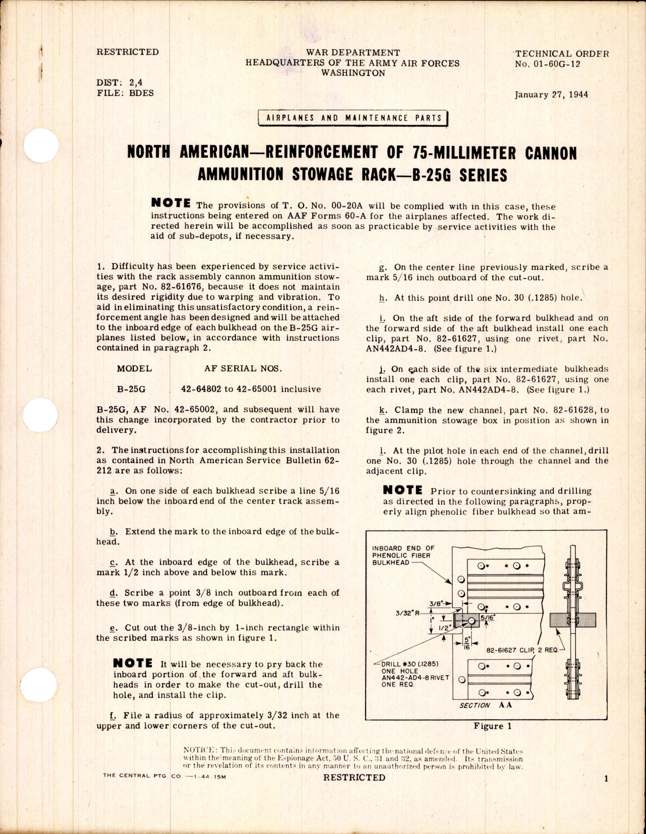 Sample page 1 from AirCorps Library document: Reinforcement of 75-Millimeter Cannon Ammunition Stowage Rack for B-25G Series