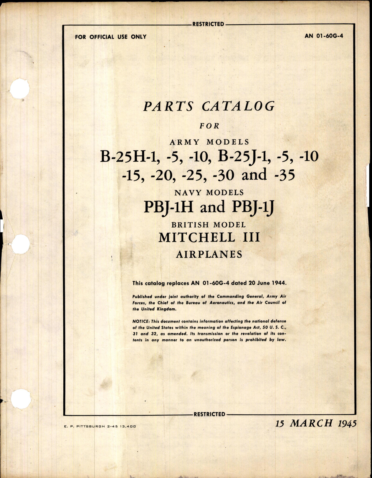 Sample page 1 from AirCorps Library document: Parts Catalog for B-25H-1, -5, -10, B-25J-1, -5, -10, -15, -20, -25, -30, and -35 and PBJ1-H and PBJ-1J